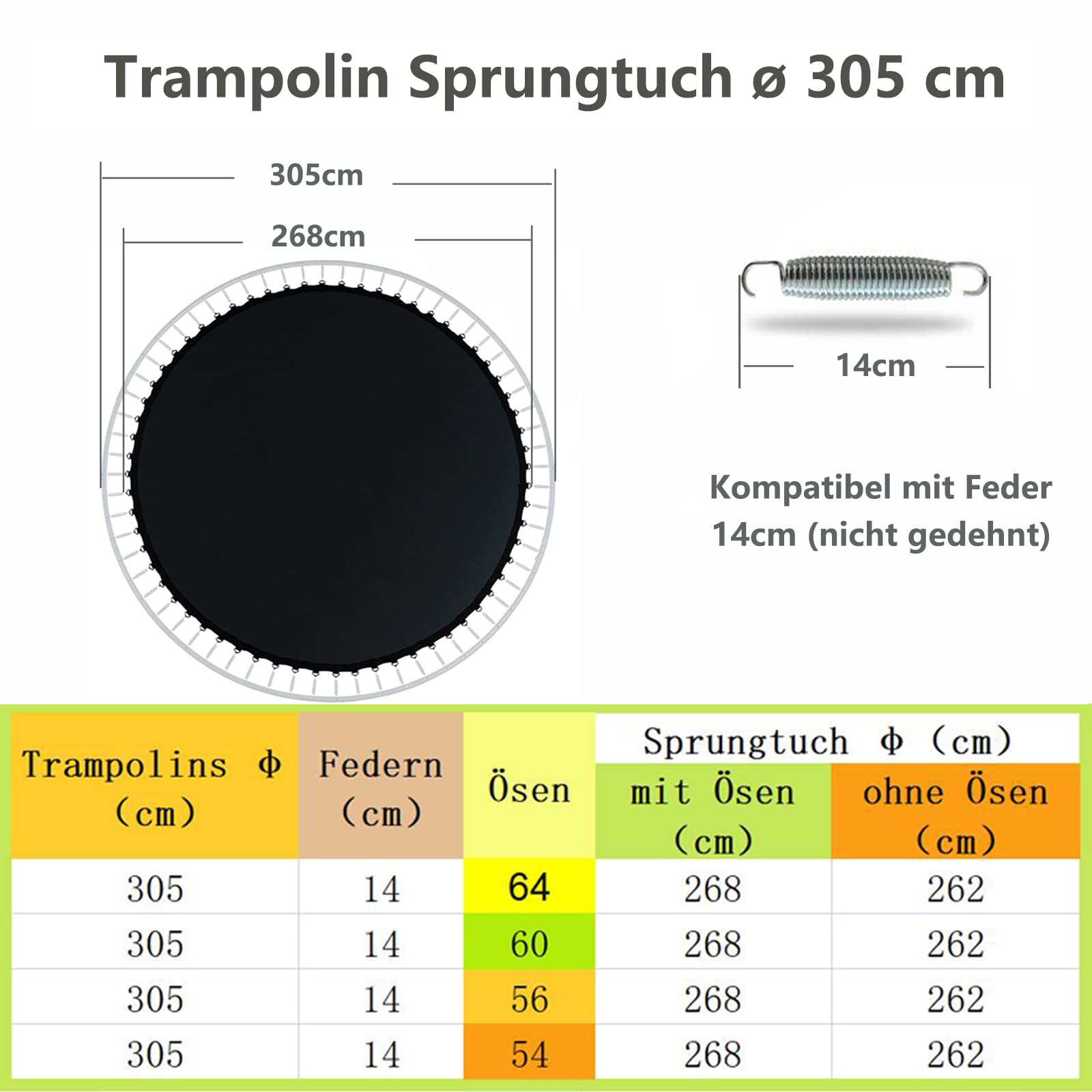 Tapis De Saut Pour Trampoline 305 Cm – 54/56/60/64 œillets – Coudé 8 Fois, Rebond Parfait – Résistant UV Et Eau – Convient Pour Ressorts 13,5–14 Cm – Inclut Tendeur