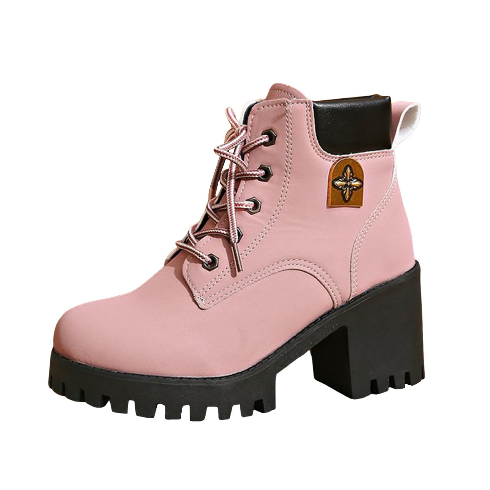 Womens Ankle Boots Thick Mid Heel Lace Up Round Toe Platform Ankle Booties Solid Versatile Comfortable Combat Boots