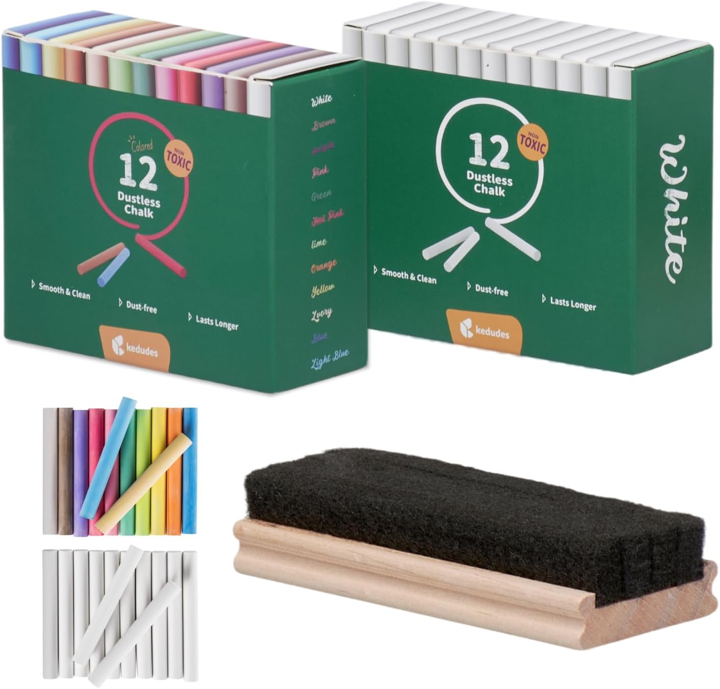 Non-Toxic White Dustless Chalk (12 ct box) and Colored Dustless Chalk (12 ct box) Bundle + Premium Chalkboard Eraser