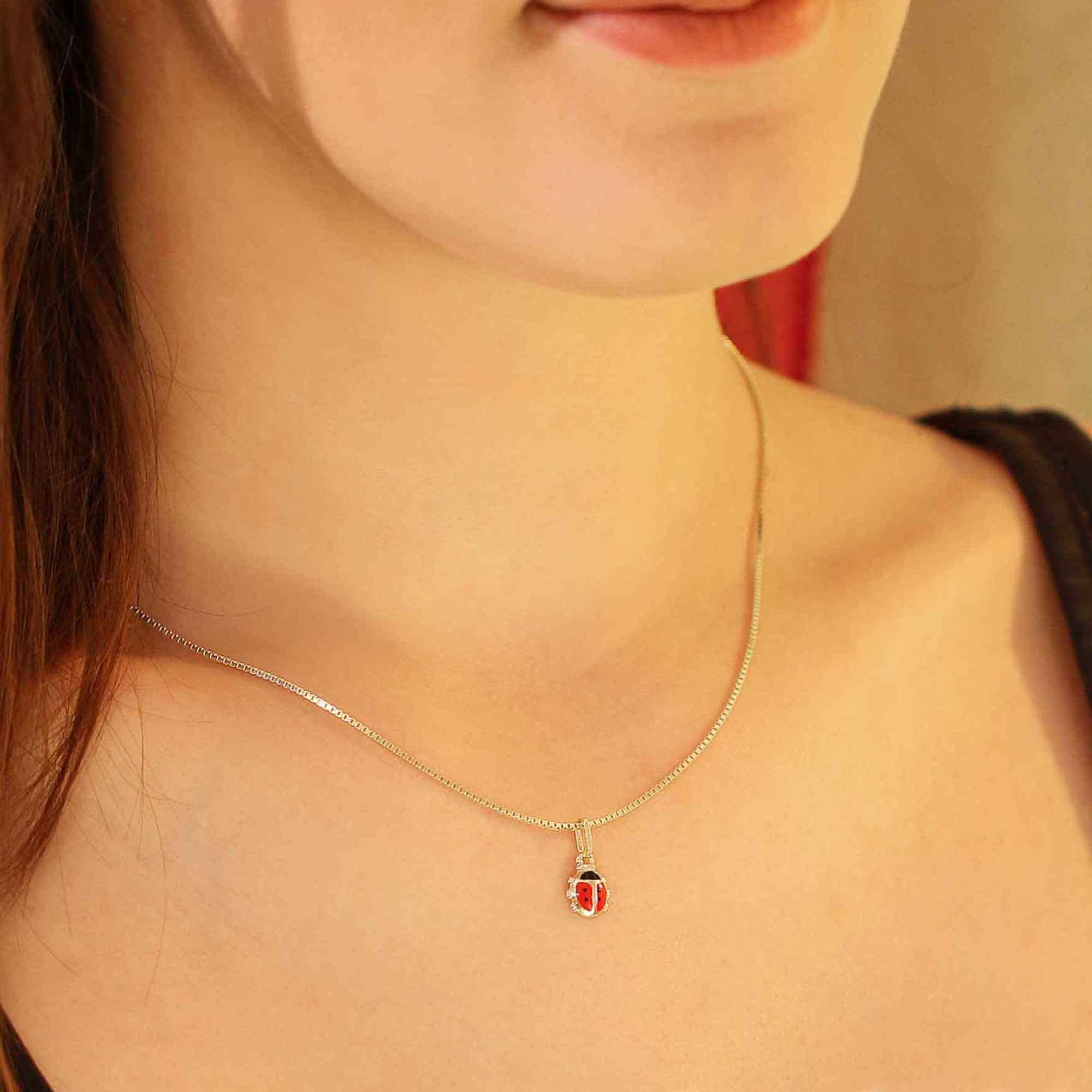 CLEVER SCHMUCK Marienkäfer Kette Silber 13 mm rot lackiert für Mädchen mit Kette Venezia 36 cm STERLING SILBER 925 im Etui rot