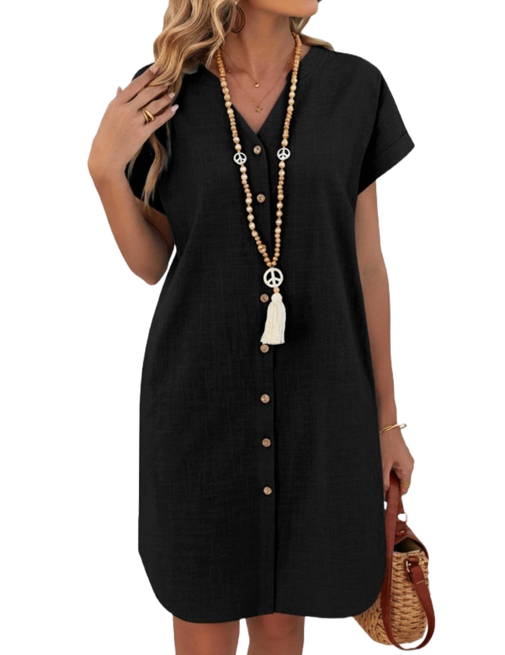 Zeagoo Vestido Mujer Verano Manga Corta Vestidos de Lino Casual Cuello en V Playa Vestido Cortos Camisero Vestidos con Bolsillos S-XXL