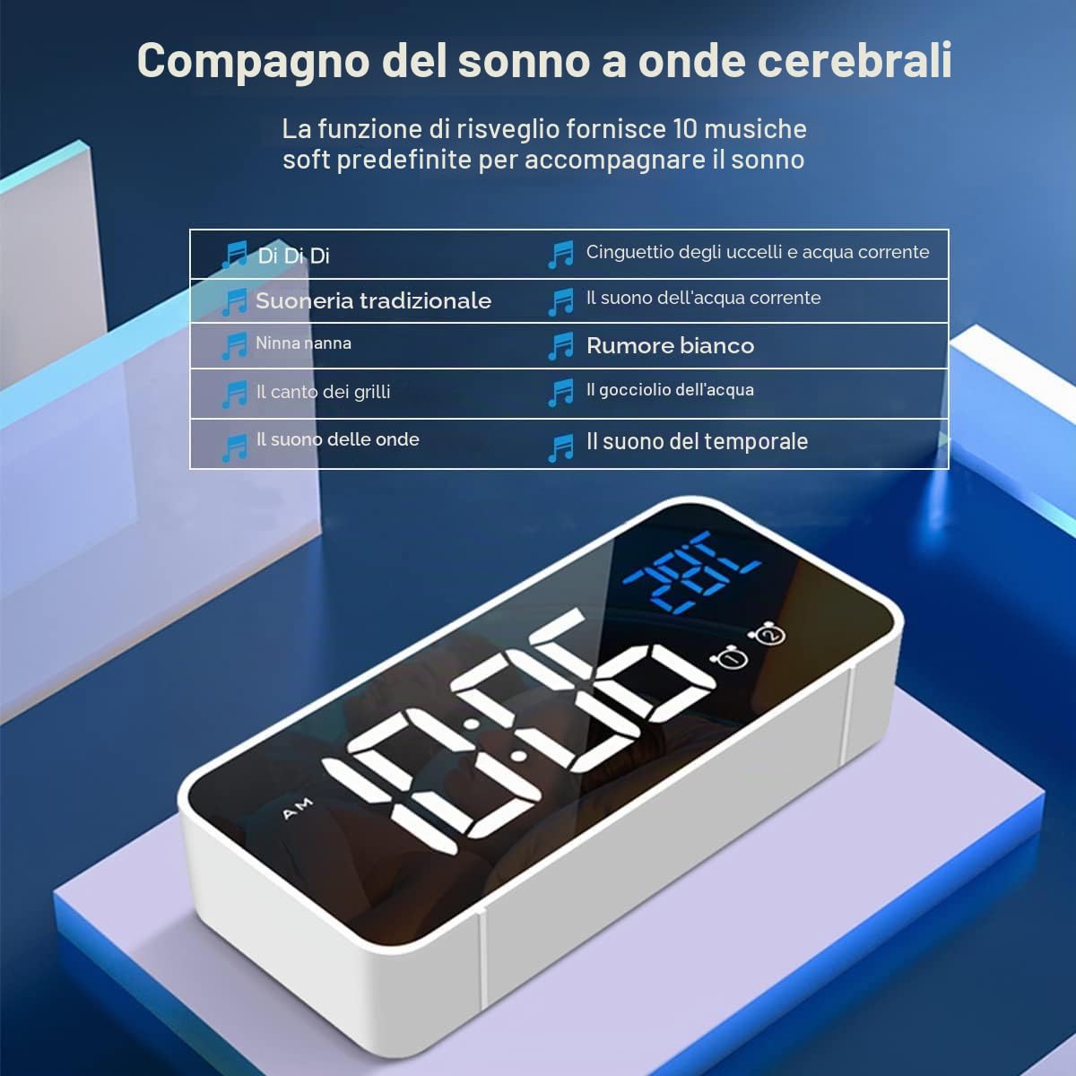 Sveglia Digitale con Grande Display LED, Temperatura, Doppio Allarme a Specchio, Portatile, luminosità Regolabile su 4 Livelli, 13 suonerie.