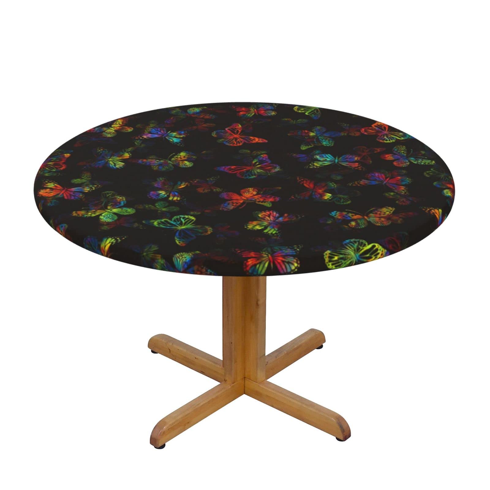 Lsjuee Round Fitted Tablecloth 45-50in Elastic Edged Table Cloth for Kitchen Dining Party Home Decor - Abstract Rainbow Butterfly Black