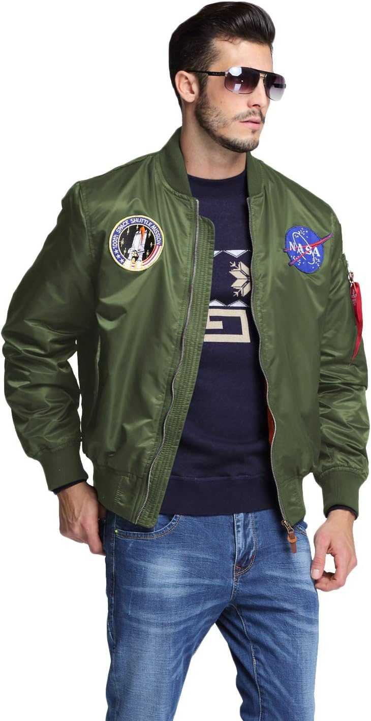 CORIRESHA Mens NASA Embroidery Badge Slim Fit Bomber Jackets Zipper Windbreaker