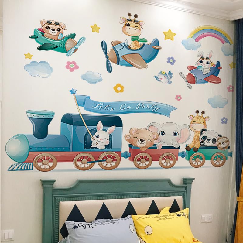 FUFUQUARE Cartoon Animal Train Wall Stickers Colorful Airplane Elephant Giraffe Rabbit Wall Art Decals Removable DIY Vinyl Decor for Baby Kids Bedroom Living Room - Image 4