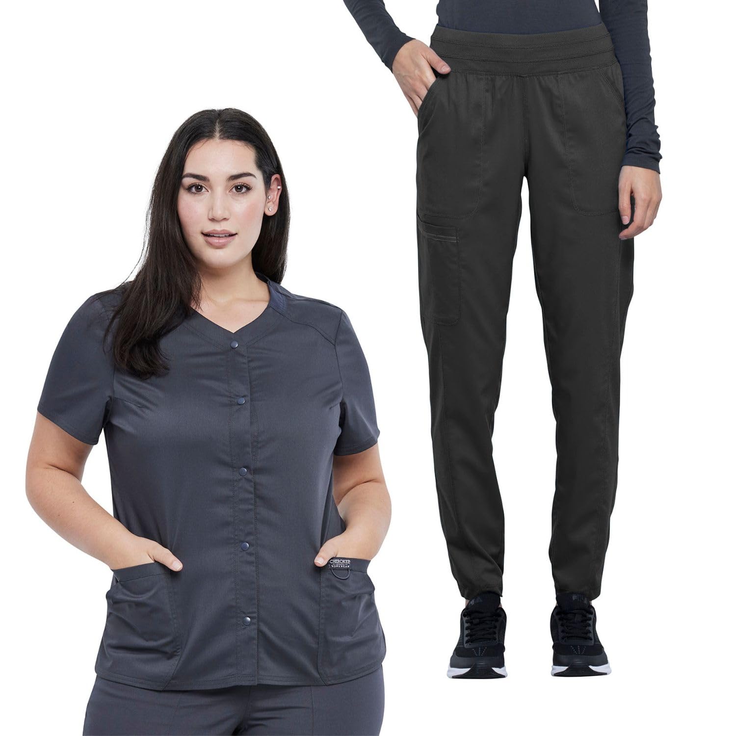 Cherokee Women's Scrub Set Snap Front V-Neck Top WW622 Natural Rise Scrub Jogger Pants WW011 With 9 Pockets, Pewter- Medium Top/Medium Pant