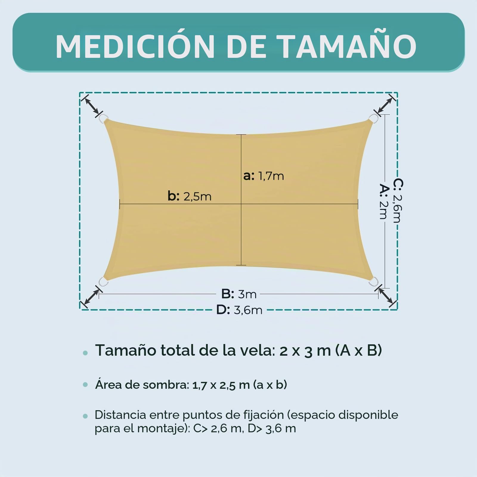 Dripex Toldo Vela Rectangular 2x3 m, Vela de Sombra Impermeable y Cortaviento, 95% Protección Rayos UV, Parasol de Poliéster, Ideal para Patio, Exteriores Terraza, Jardín, Arena