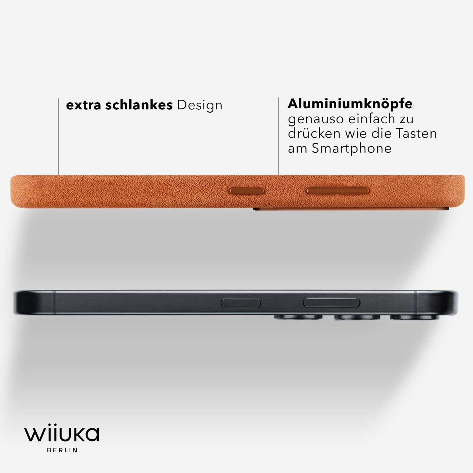 WIIUKA Hülle für Samsung Galaxy S26, Leder aus Deutschland, 360° Schutz, Lederhülle extra Dünn, Premium Handyhülle, Case, Qi, für Samsung S26, skiin More Cognac