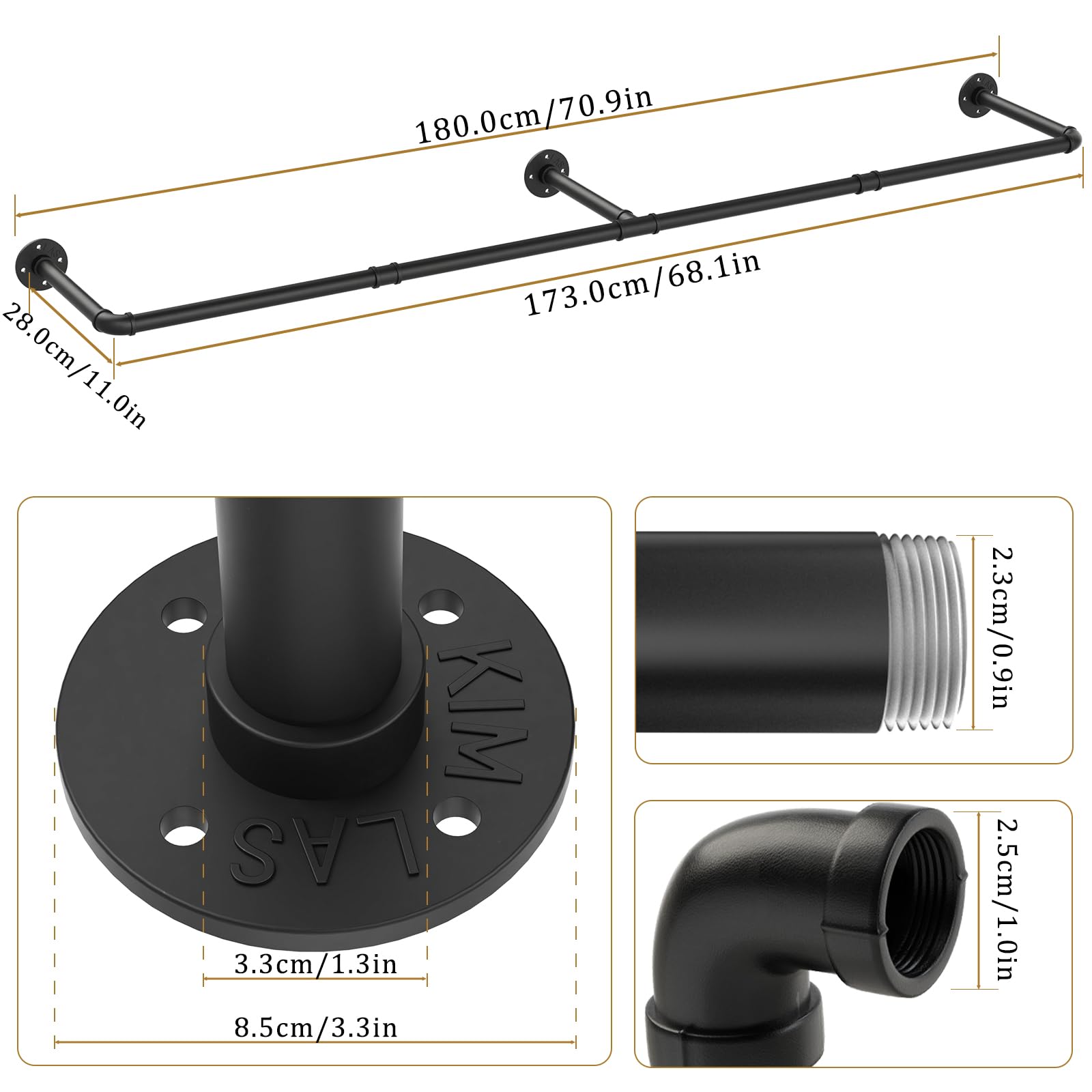 Attaccapanni Da Parete Yawinhe 180cm - Tubo Industriale Nero, Salvaspazio, Portata 60kg - Foto 2