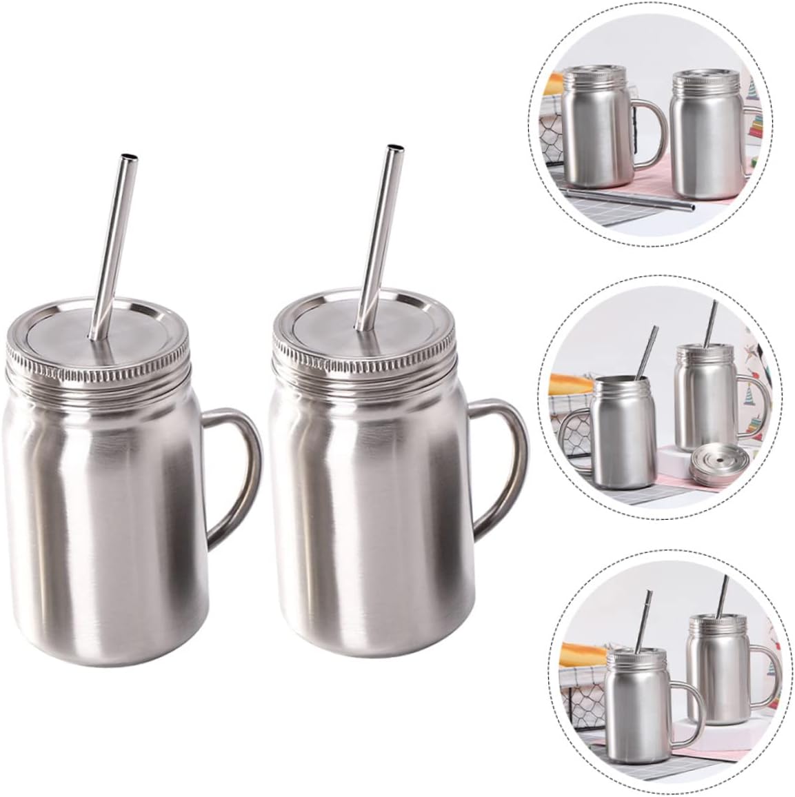 2pcs Stainless Steel Mason Jars with Straw Multi-functional Insulated Cups for Home Office Outdoor Use Double-wall Design Friends Family