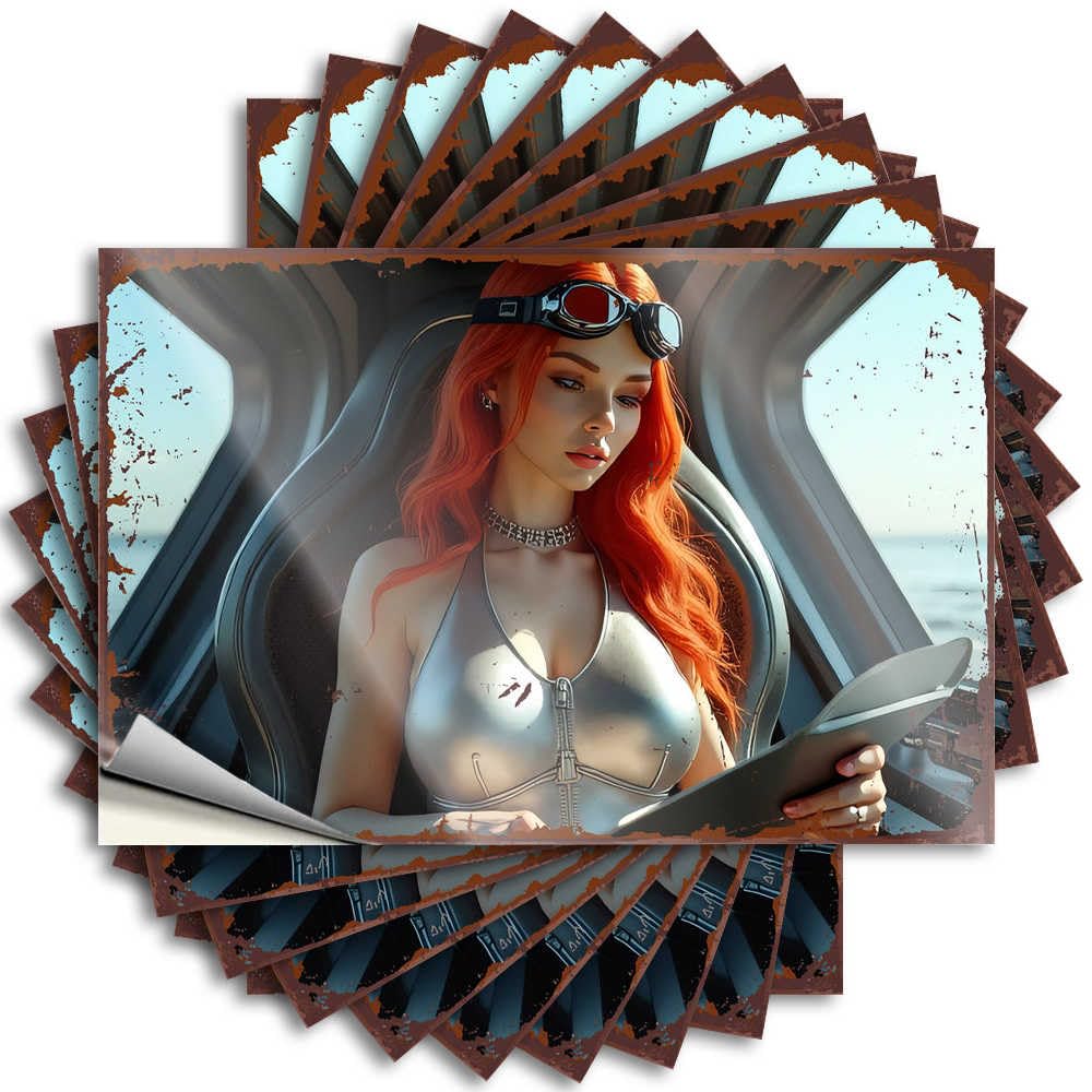 Decal Big Grunge Laptop Red-haired Pilot in Futuristic Suit Holding Tablet - No Residue Decals for Mom(12X18CM)