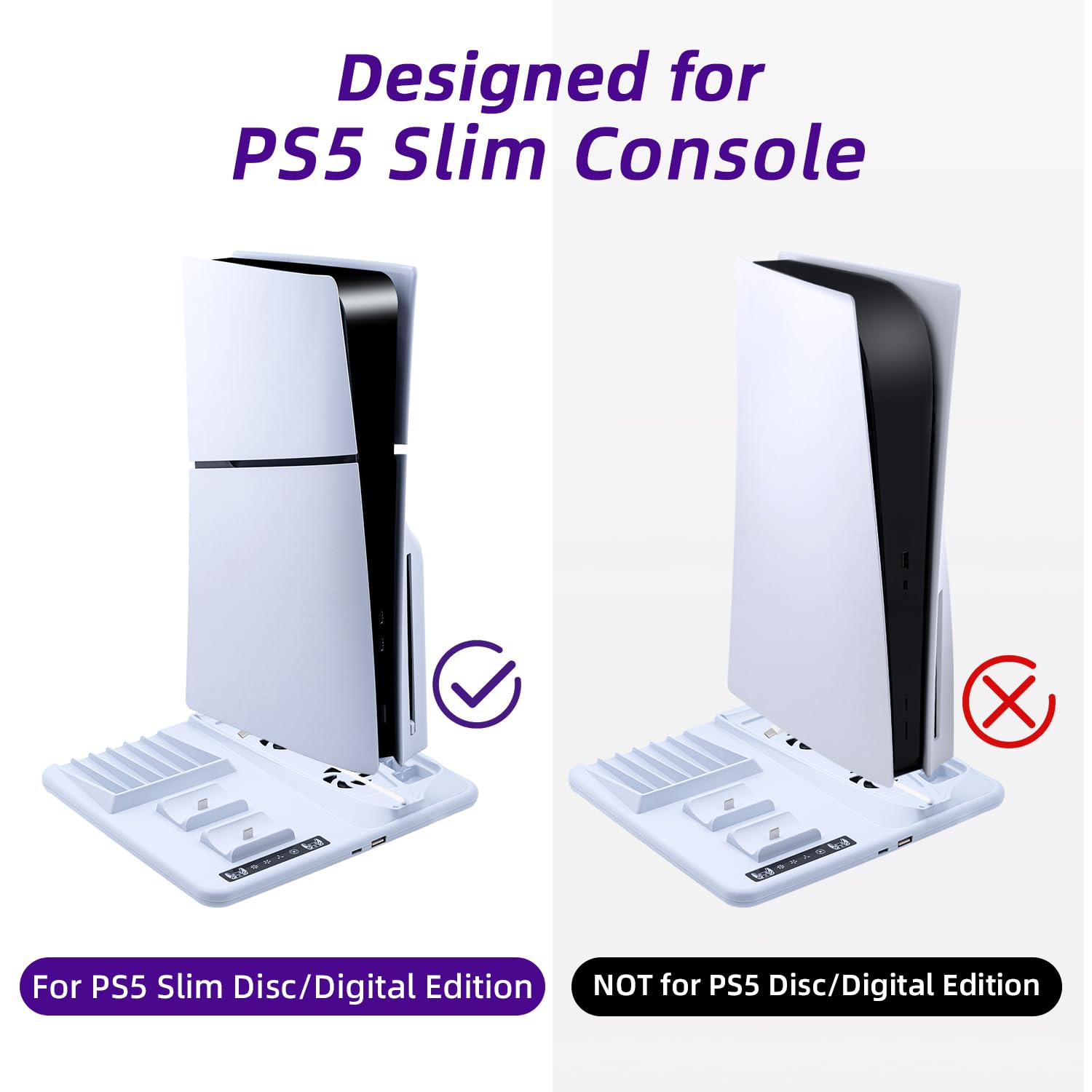 Stazione di Ricarica per PS5 Slim, Doppi Controller con Gancio Cuffie, Raffreddamento per Playstation 5 Slim con 6 Slot Dischi