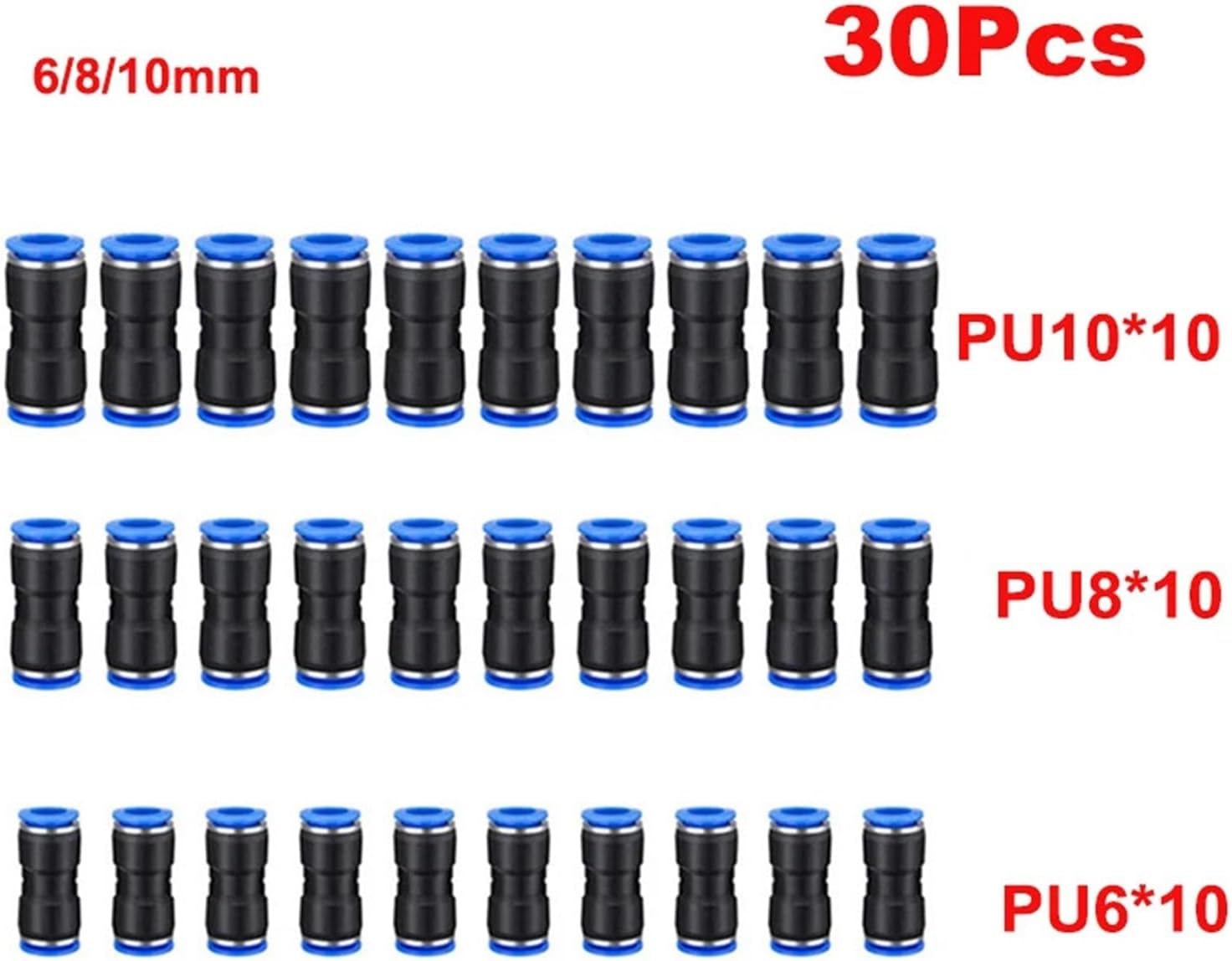 30 pieces of pneumatic connectors push-on type 6/8/10/12mm PU hose