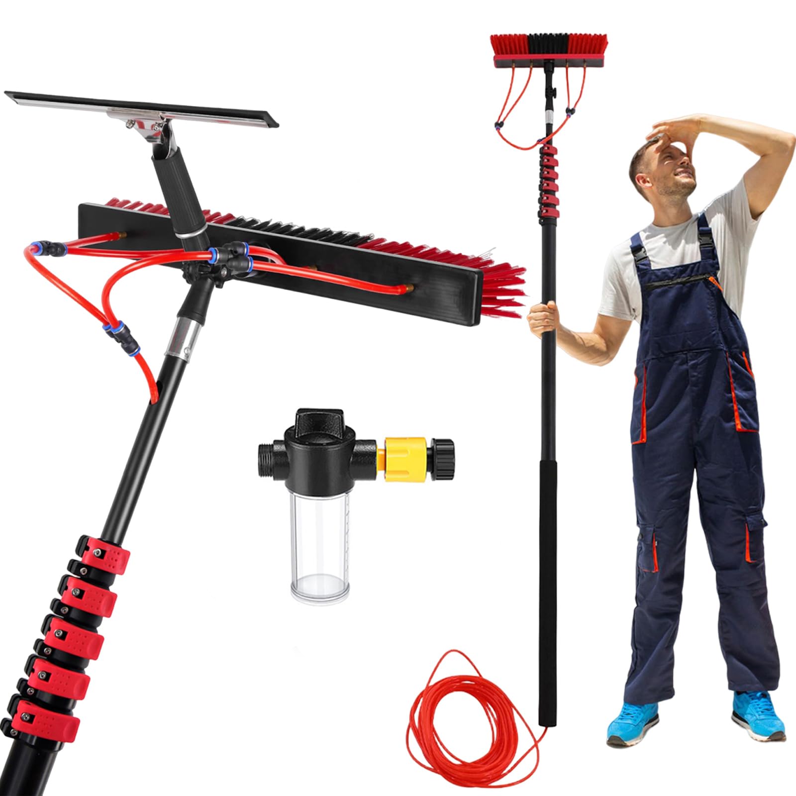LMMIAOZ Solar Panel Cleaning Brush and Pole, 3.6-10.8m Water Fed Pole Kit, Window Cleaning Brush W/Soap Dispenser & Squeegee, Water Fed Telescopic Brush for Cleaning Roof (35cm B