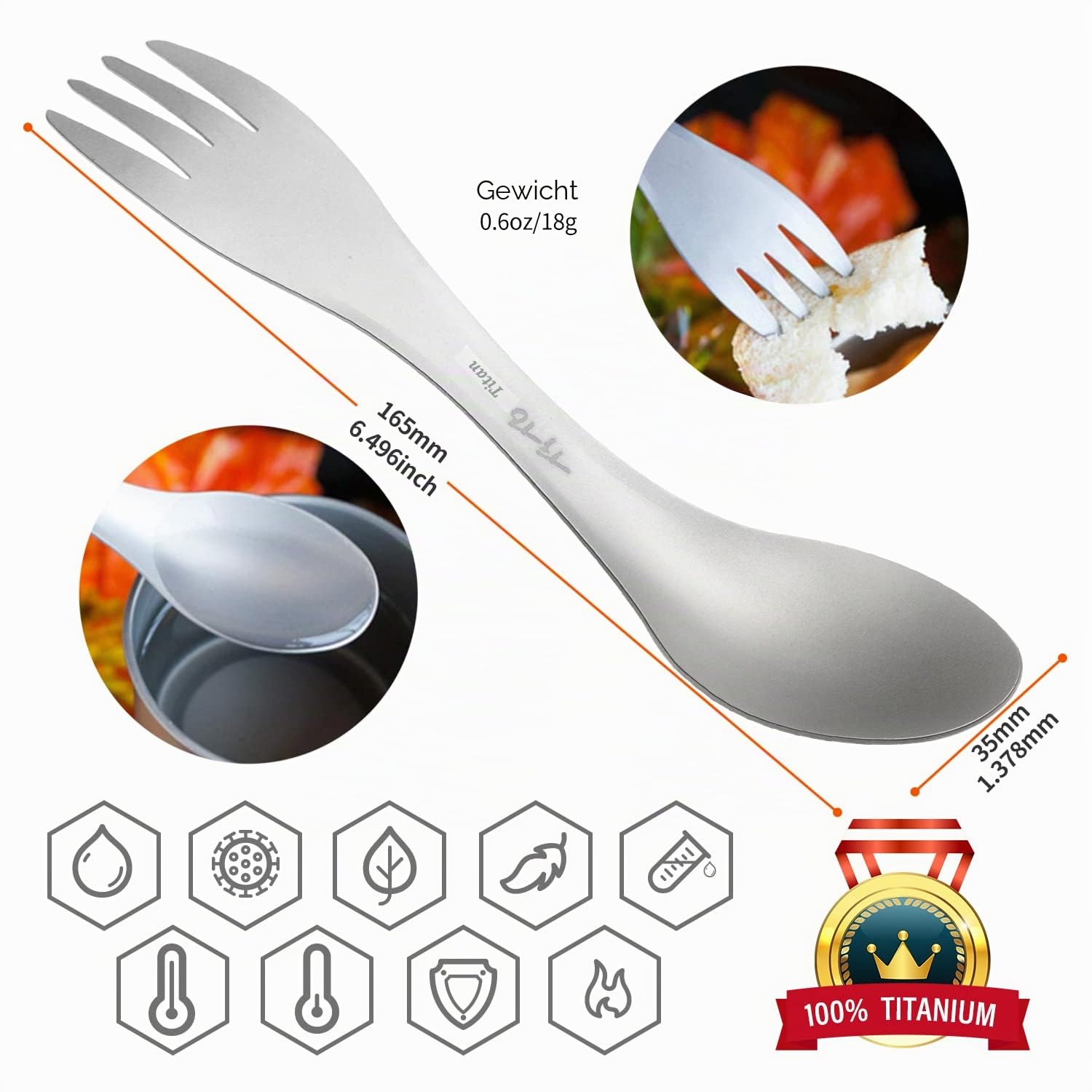 TiTo Titanium Outdoor 2-in-1 Titan Löffel/Spork mit Griff,Multifunktional Tragbare Ultraleichtem Besteck Camping Rucksackreisen mit Aufbewahrungstasche für Trekking (Sandsprühen)