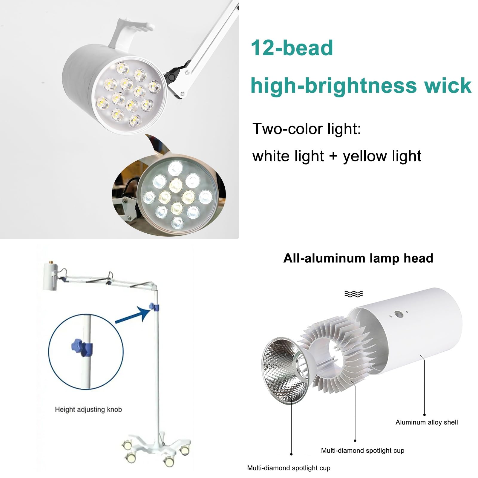 Tragbares medizinisches Prüfungslicht, Bodenständer-chirurgische Lampe mit flexiblem Schwalenhals, einstellbares LED-Kaltlicht für Kliniken und Gynäkologie, Rollfuß für einfache Mobilität