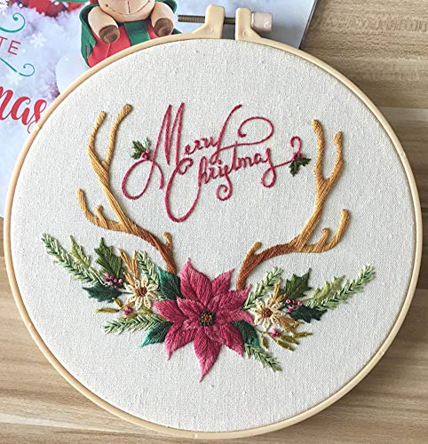 Image of Embroidery Kit Merry Christmas Deer Antler Ornaments Awesocrafts Full Range of Embroidery Starter Kits for Beginners Adults DIY Handmade Easy Patterns (Antler)