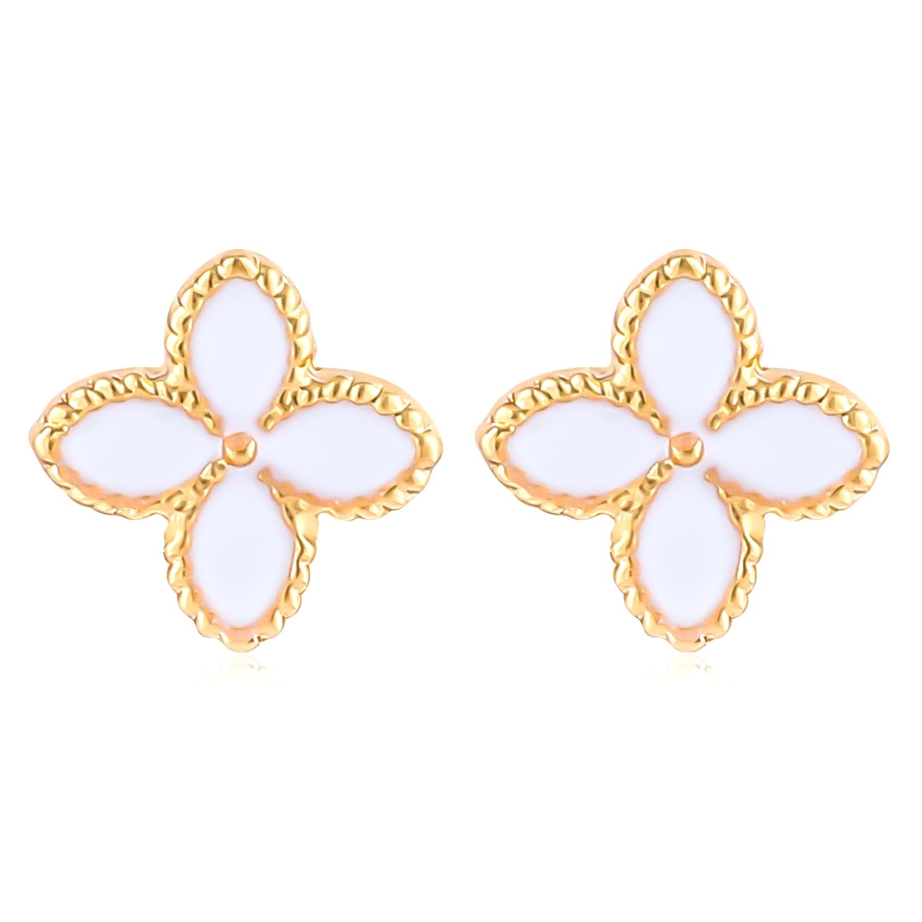 Cute White Clover Stud Earrings for Women, Elegant Gold Luck Four Leaf Clover Earrings Lightweight Flower Statement Earrings Spring Summer Floral