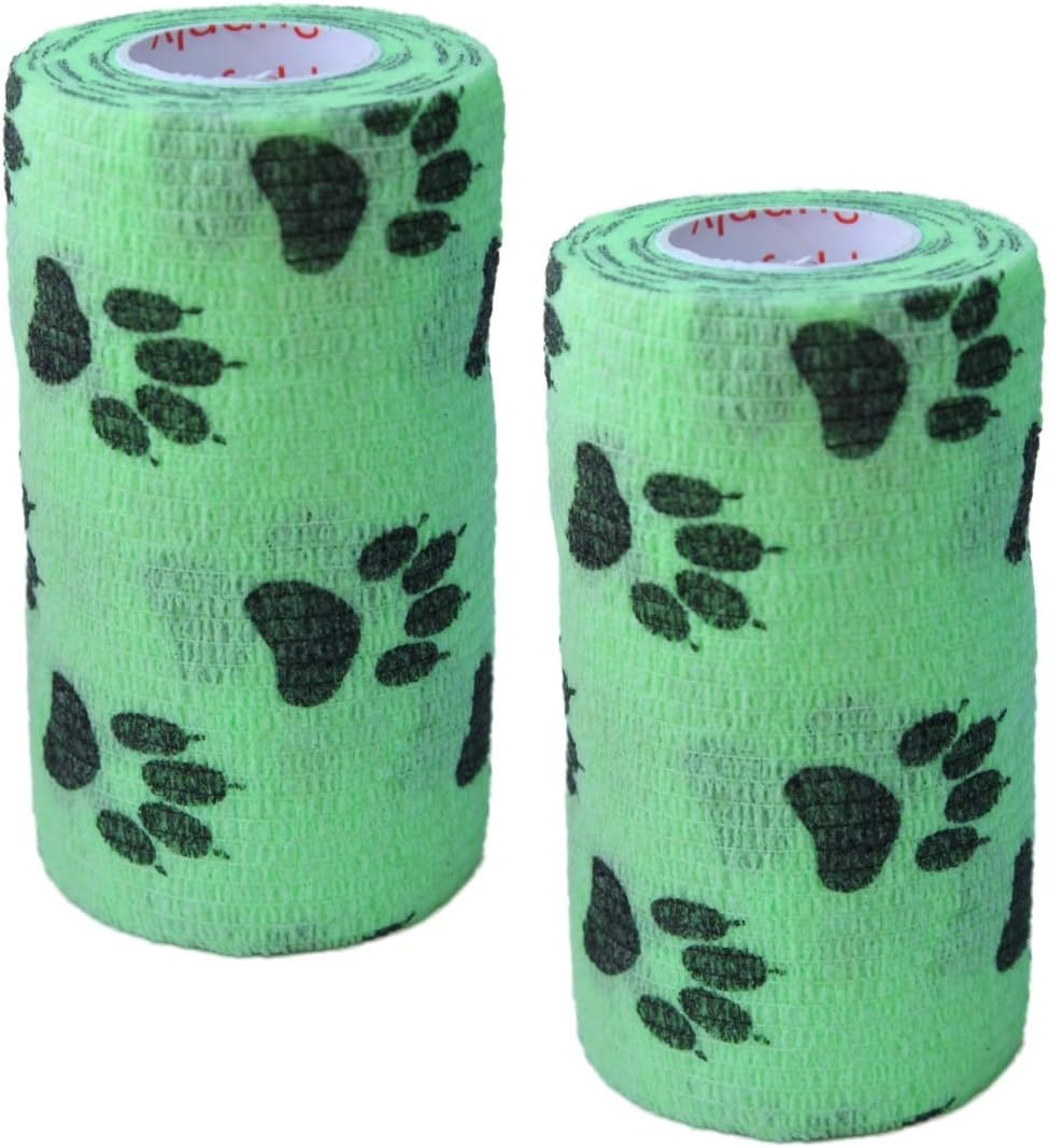 Green Paw Print Vet Wrap Tape – 2 Pack, 4″ x 15′, Self-Adhesive Bandage for Pets
