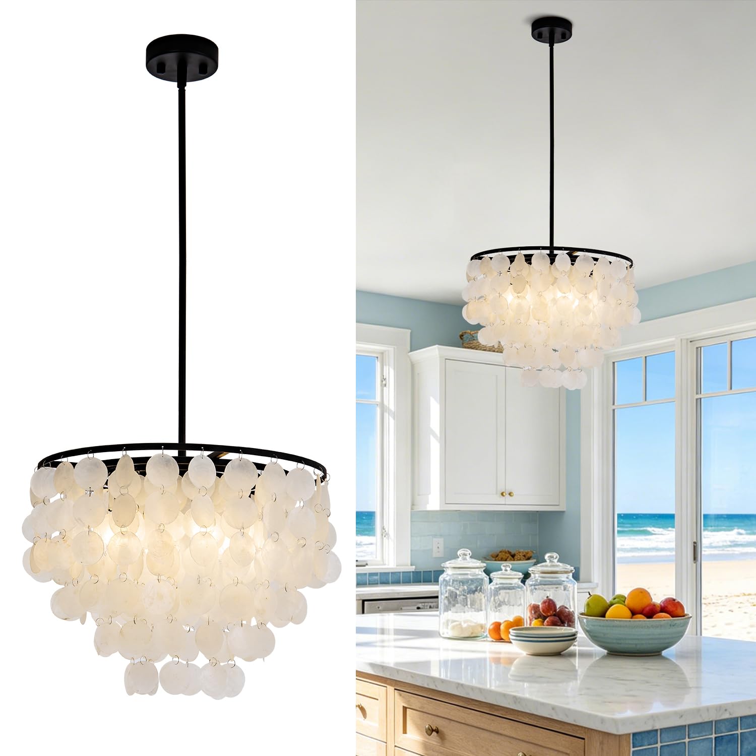JC TOPA 17.7” Capiz Shell Chandelier, 4-Light Coastal Modern