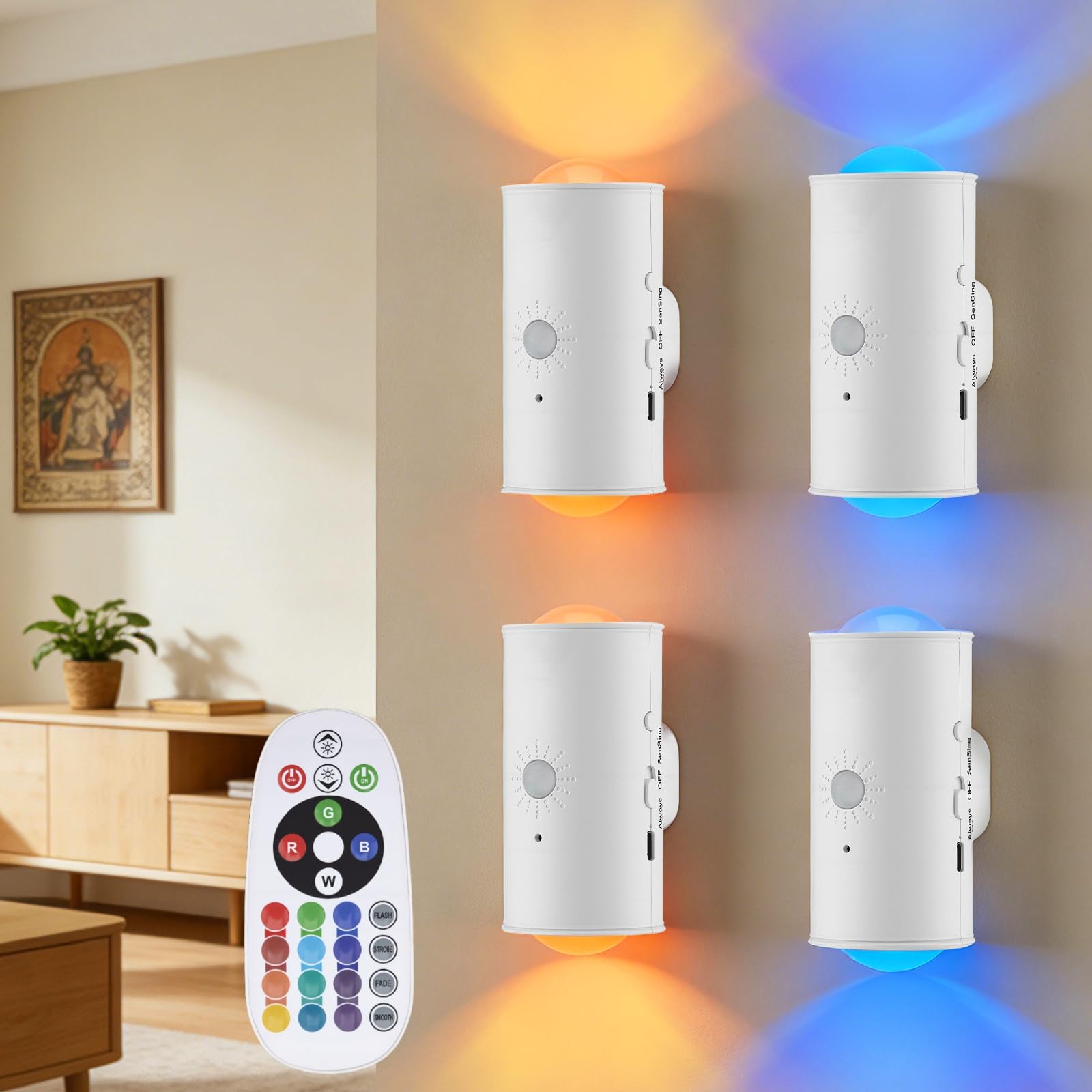 Motion Sensor Light Indoor, 4Pcs RGB 16-Color Changing Smart LED Wall Sconce with Remote Control, Battery Operated Rechargeable Wireless Wall Lamps, Magnetic Night Light for Bedroom Corridor Staircase
