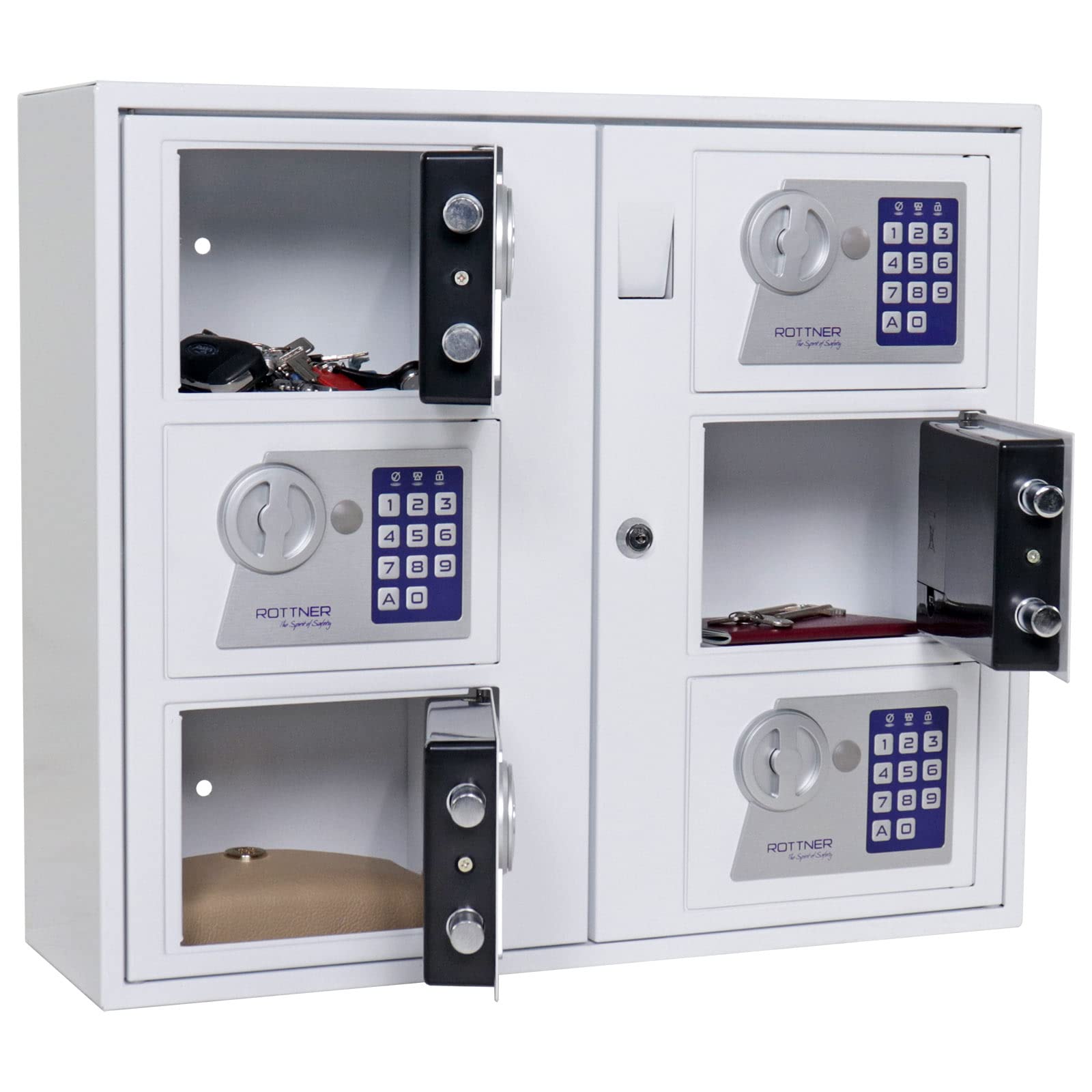 Rottner armadietto di sicurezza per chiavi con 6 scomparti a chiusura elettronica, in acciaio inossidabile, con slot per inserimento chiavi, fissaggio a parete, per uso interno, di colore bianco