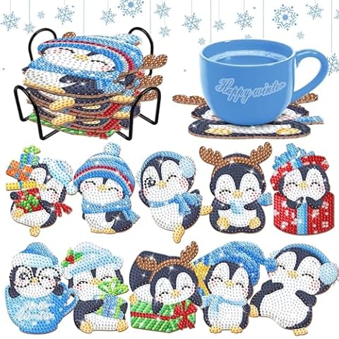 10 Pcs Penguin Diamond Art Coasters Kits Figurines Penguin Diamond Characters Coasters DIY Diamond Art Coasters Art Kits for Gifts Beginner Adults Kids Art Table Home Craft Gift Supplies Cover