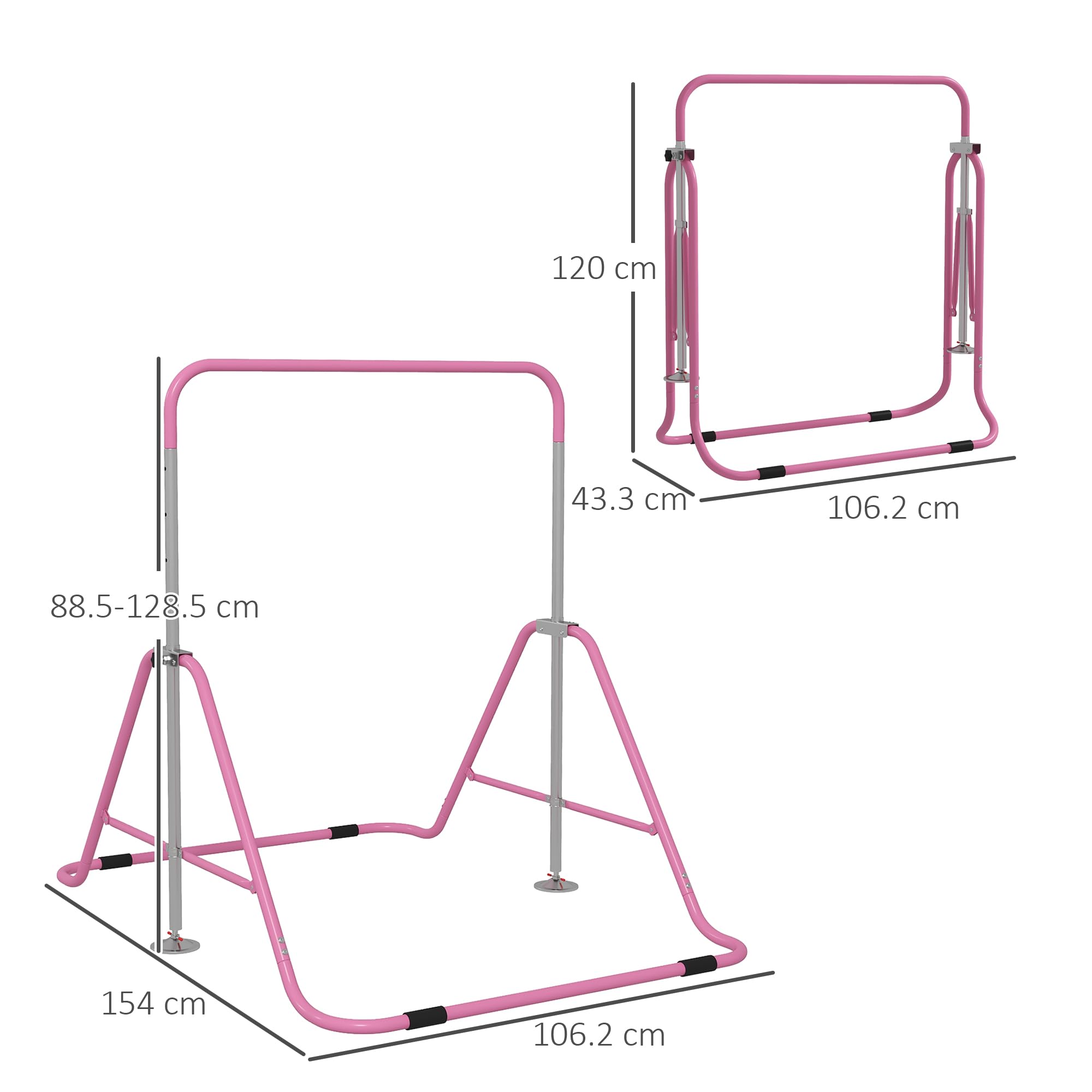 HOMCOM Sbarra per Trazioni Pieghevole per Bambini 3-8 Anni, Sbarra Ginnastica con Altezze Regolabili in 5 Posizioni e Struttura in Acciaio, 154x106.2x88.5-128.5cm, Rosa