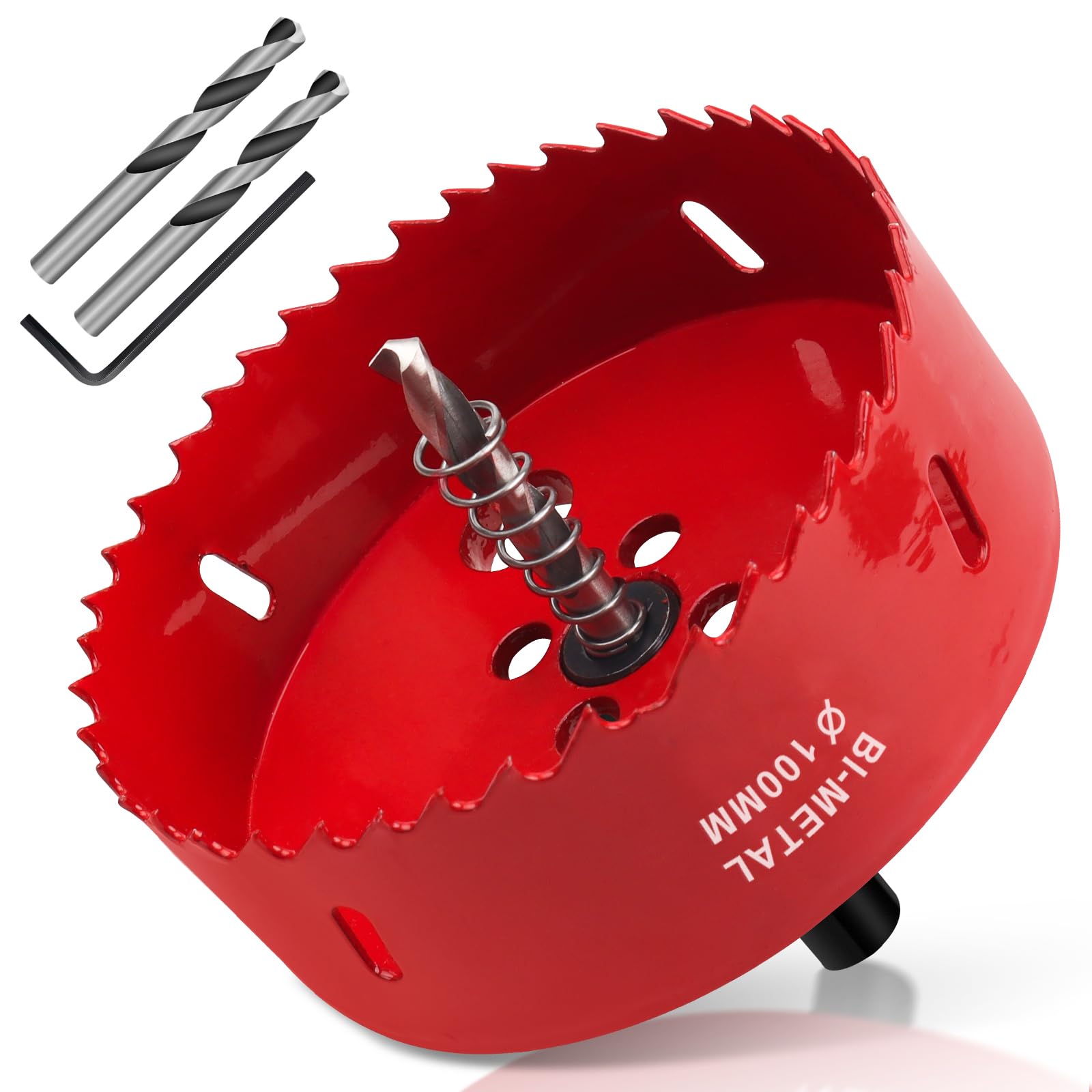 Sierras de Corona 100mm, M42 HSS Bi-Metal Corona Taladro con Adaptador Hexagonal y Taladro, Corona Metal para Pladur Madera Plástico, 1 pieza Rojo