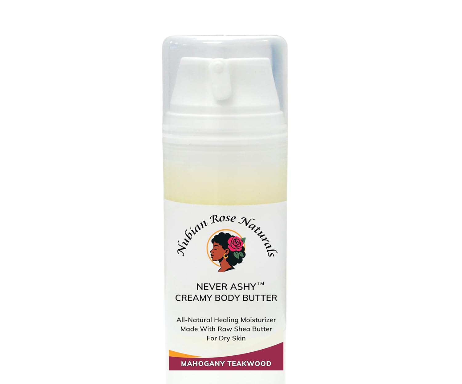 NEVER ASHY Creamy Body Butter. Natural Mahogany Teakwood Lotion, For Dry Skin, Moisturizing Raw Shea Butter | 48 Hour Relief For Body, Hands, Feet | Vegan & Plant Based | By Nubian Rose Naturals