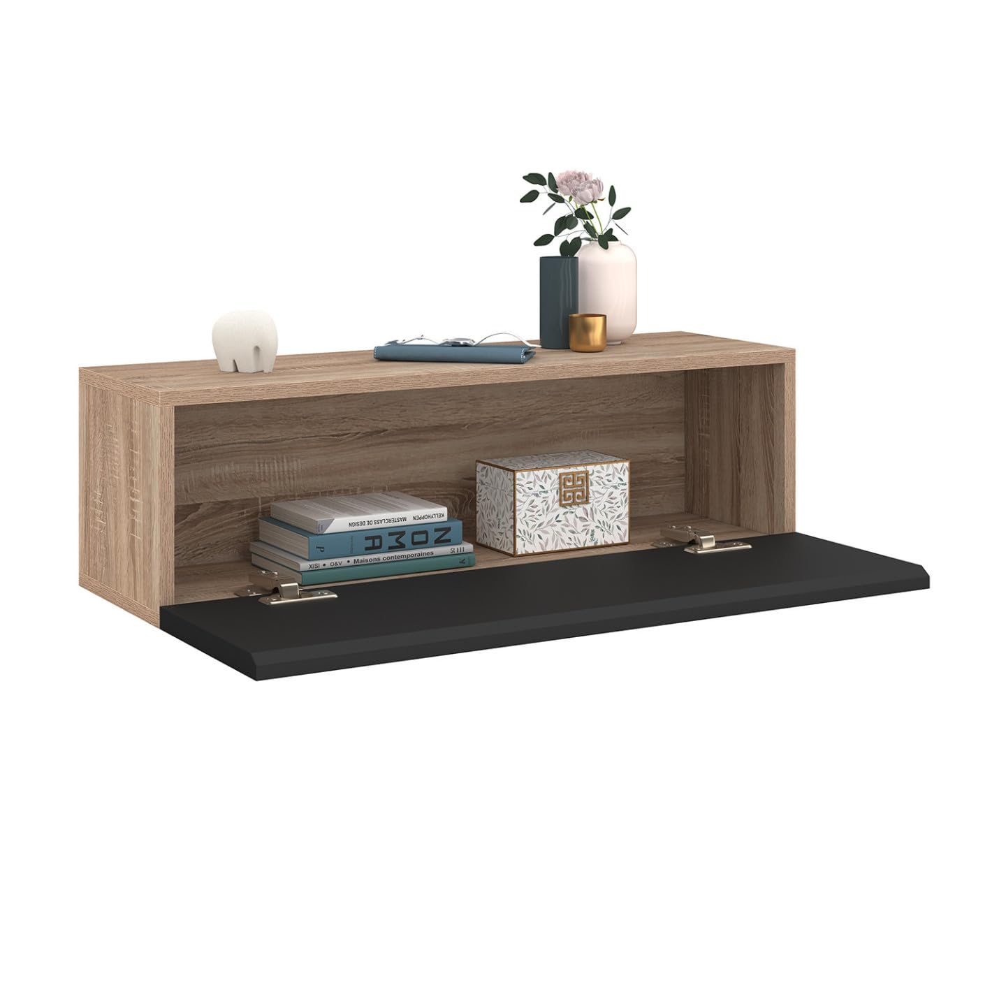 IDMarket - Set aus 2 Hängekonsolen Wandregale ELYOS 1 Tür Holz und Schwarz