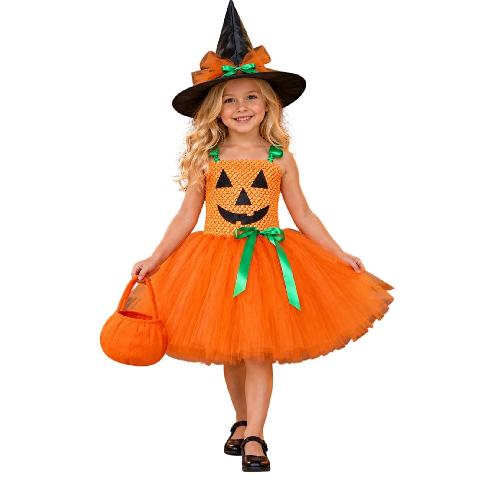 Girls Halloween Pumpkin Costume Kids Cute Sleeveless Tulle Dress and Headband Candy Bag Pumpkin Themed Children Dressing Up Cosplay Party Outfit