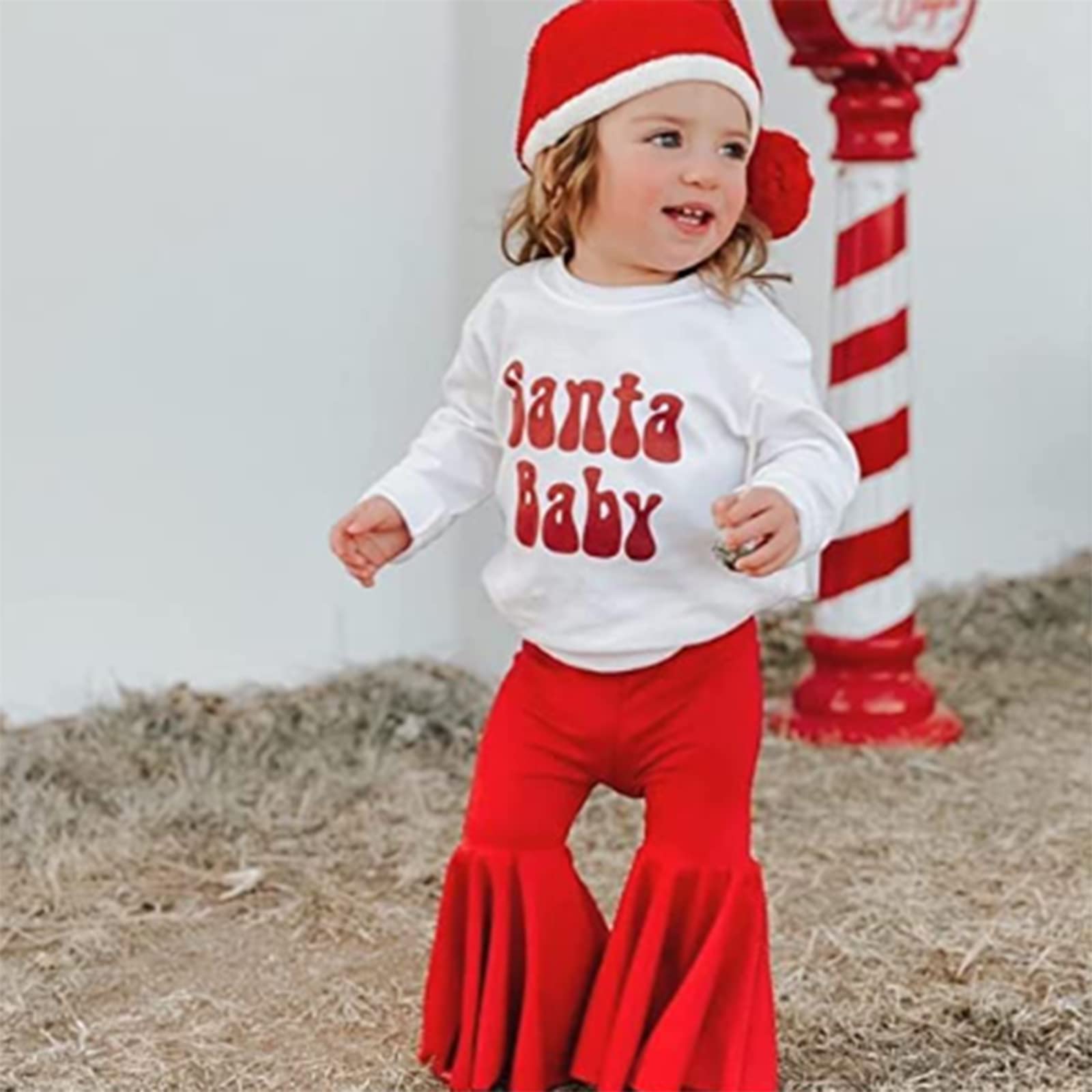 Tsnbre Newborn Baby Girl Christmas Outfit Santa Letter Printed Long Sleeve Sweatshirt Tops Bell Bottoms Pants Winter Clothes