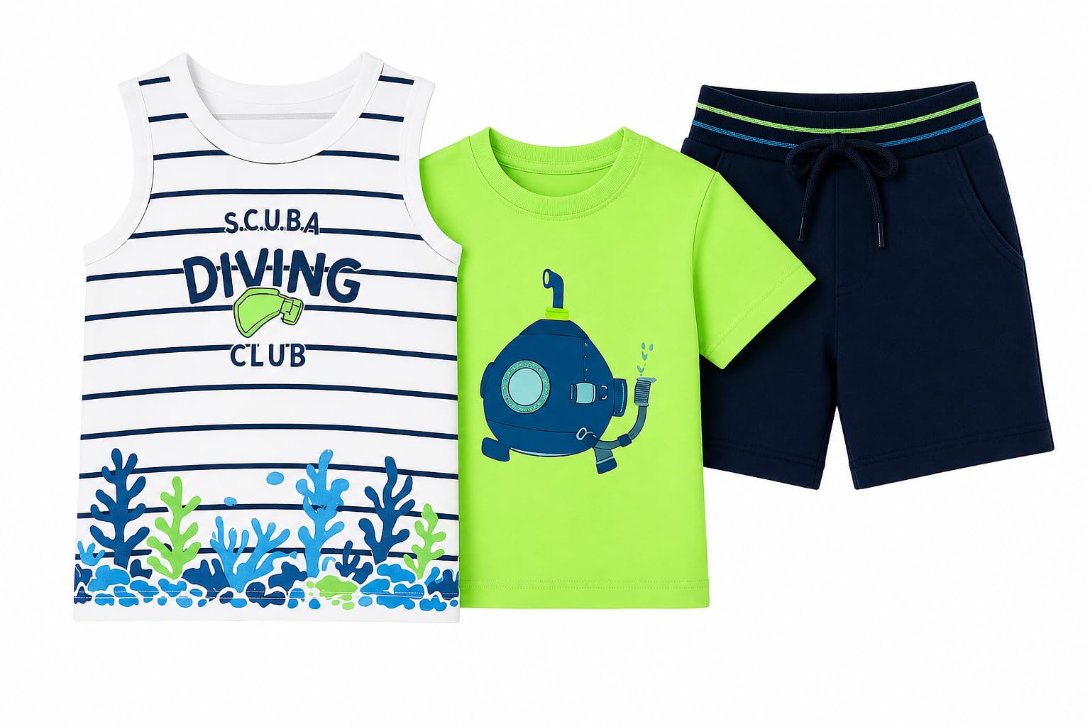 Generico Mayoral 1666 letni strój dziecięcy 9 miesięcy - 3-częściowy z podwodnym zielonym t-shirtem, podkoszulek w paski "Diving Club" i bawełnianymi szortami granatowymi, Zielony, 9 miesięcy