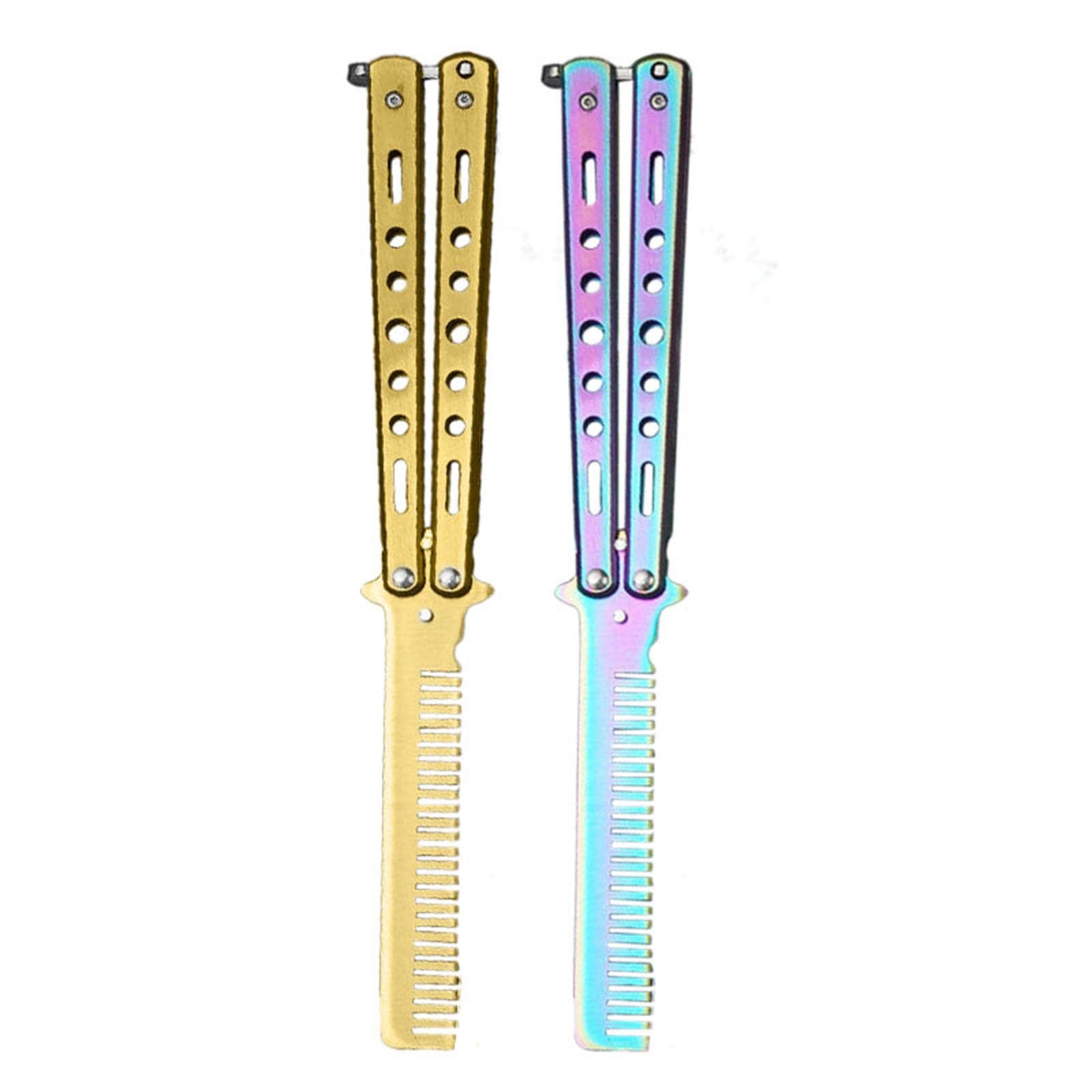Butterfly Comb Foldable Hair Trimmer Style Practice Trainer Stainless Steel Barber Training Tool Metal Balisong Style Pocket Comb for Beginners Travel Grooming Colourful-image-43
