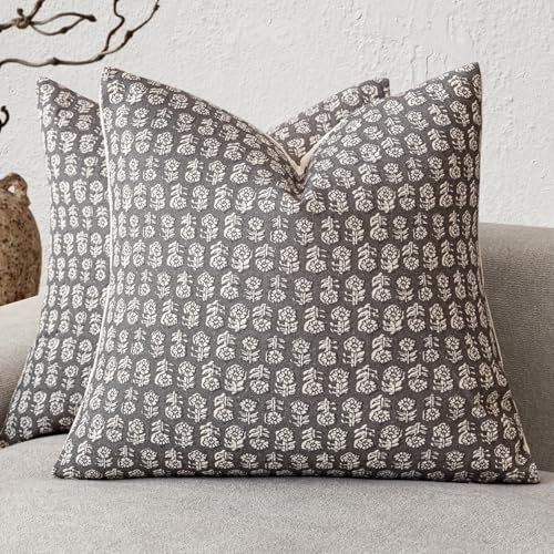 Foindtower Set of 2 Decorative Vintage Floral Print Throw Pillow Covers Neutral Modern Farmhouse Cushion Covers Boho Home Decor for Sofa Couch Chair Bedroom Living Room,22×22 Inch,Rustic Gray