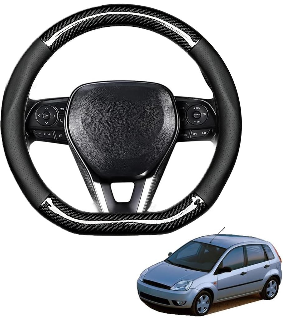 R-timer Carbon Fibre Steering Wheel Cover for VW Taigo Tiguan Tiguan Allspace Touareg Touran, Sporty Car Wheel Protector Premium Leather, Skidproof Protector, D-shaped