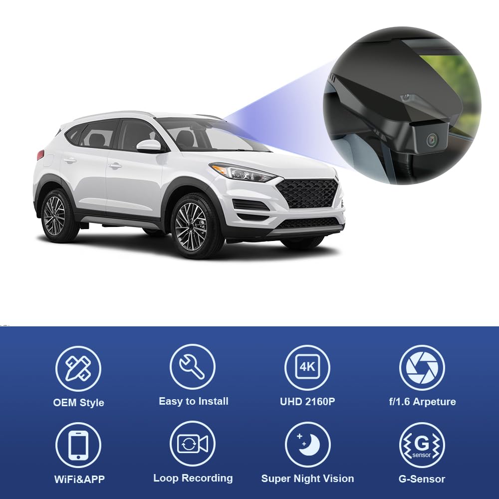 Fitcamx Dashcam 4K kompatybilny z Hyundai Tucson (3. generacji) 2016-2021, OEM kamera samochodowa UHD 2160P WiFi, noktowizor, nagrywanie w pętli, G-Sensor, WDR Dasch-cam Car, Plug & Play, karta 64 GB