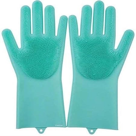KhuHap Silicone Multi-Purpose Heat Resistant Reusable DishWash Car Pet Hair Cleaning & Washing Hand Scrubber Gloves Pair, Tool to Clean Utensils Bathroom Vehicle, Random color, 1 Pair