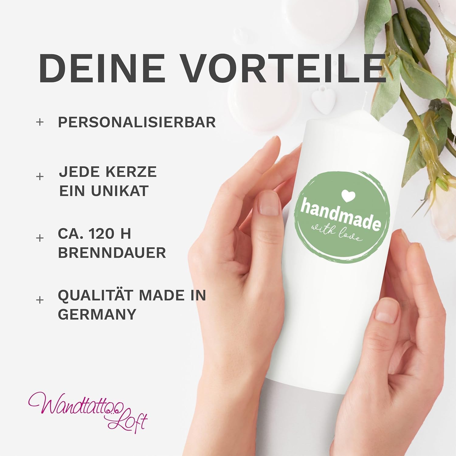 Wandtattoo Loft Taufkerze Mädchen oder Junge mit Taufspruch, Motiv mit jungen Lebensbaum, 25cm x 8cm, personalisierte Kerze, bedruckte Kerze Taufe, Stumpenkerze zur Taufe, individuelles Taufgeschenk