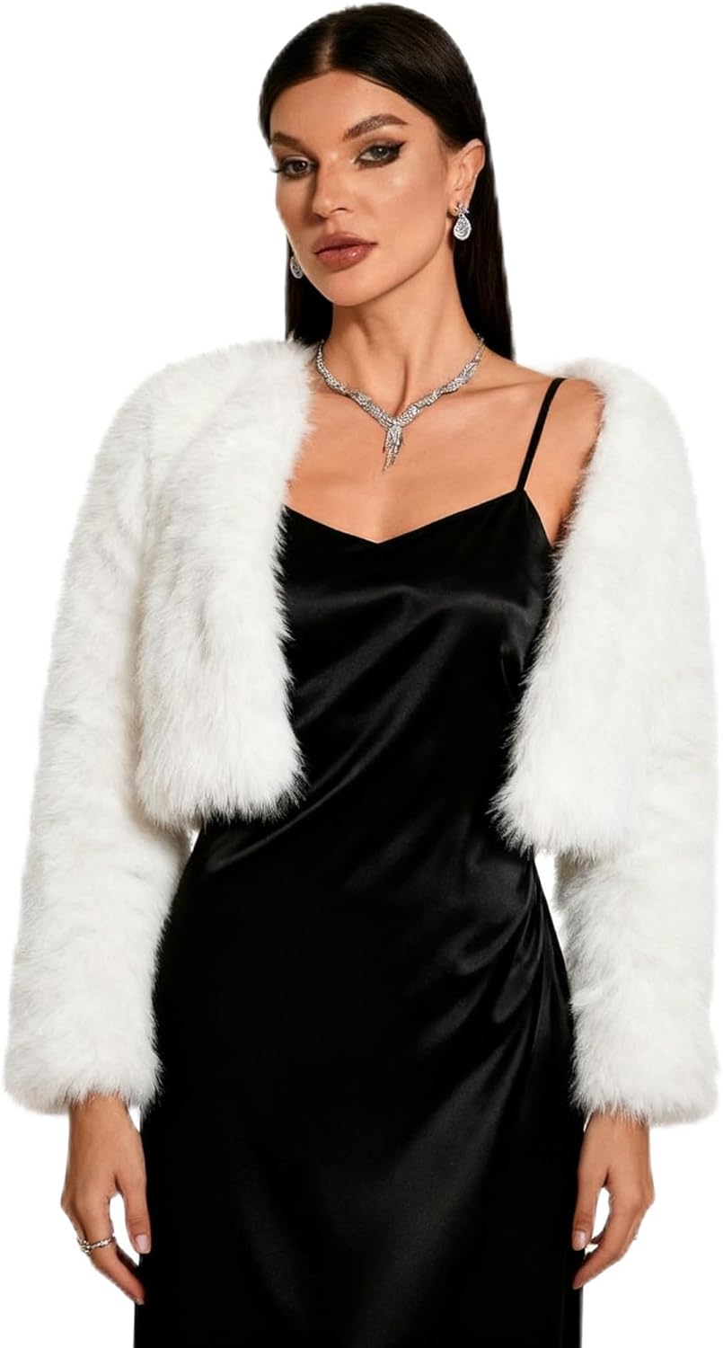 Ahigh Women's Cropped Faux Fur Jacket, Fluffy Fuzzy Cardigan Style Long Sleeve Open Front Shaggy Short Coat