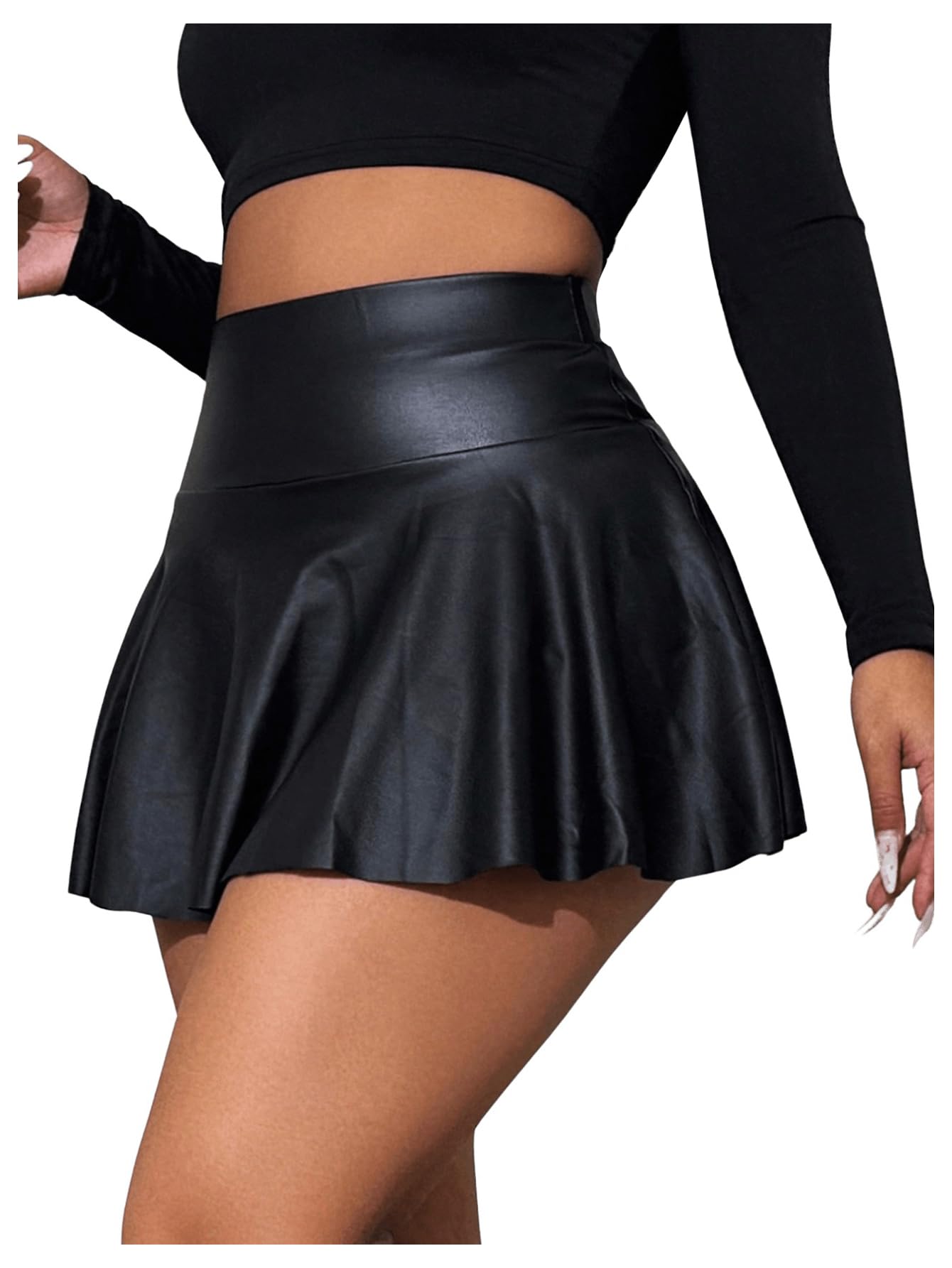 OYOANGLE Women's Pu Leather Elastic High Waist Skorts Ruffle Hem Casual Flared Skirt Shorts