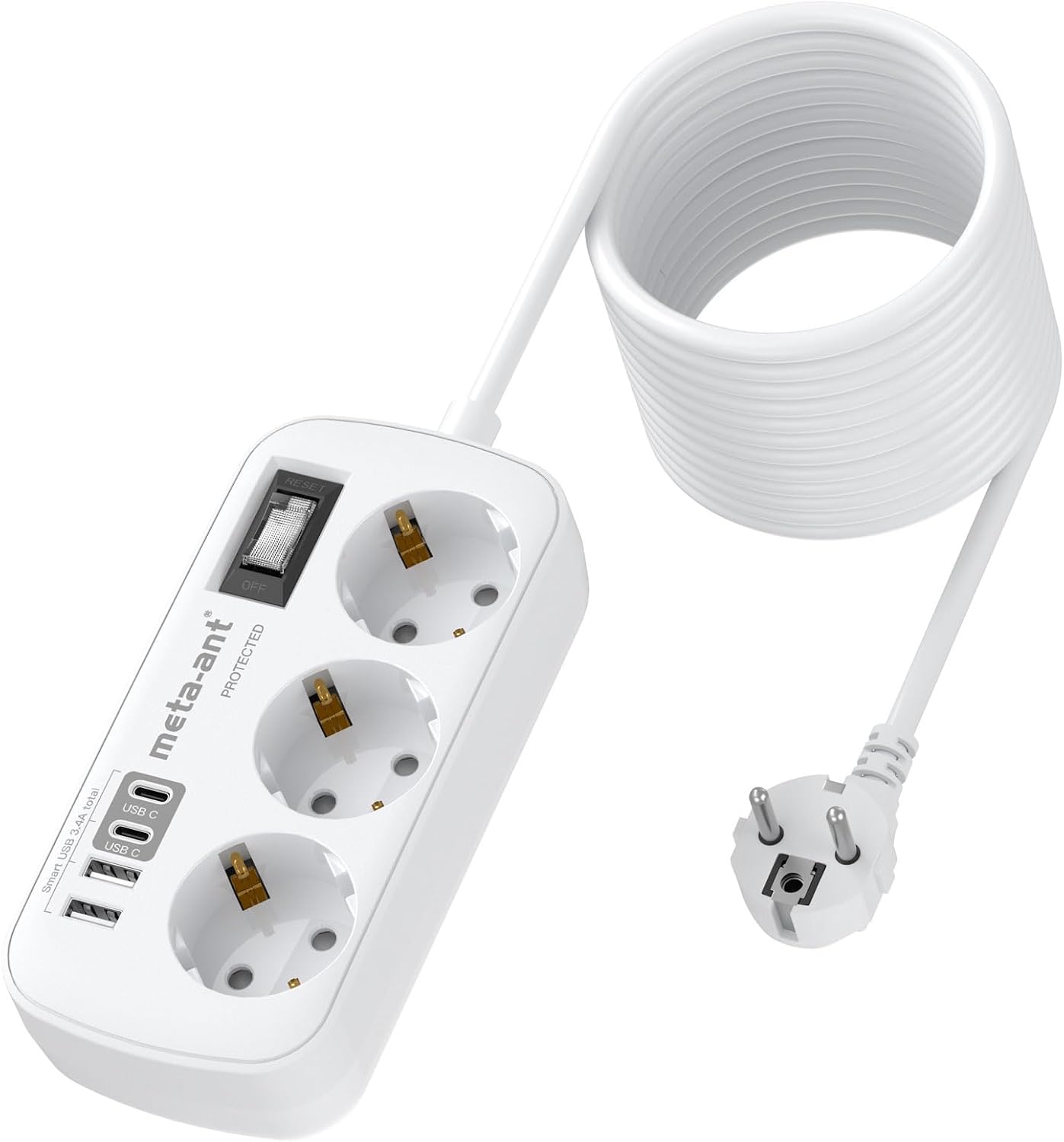 Extension Cable 5 m with USB 3.4 A 17 W Triple Power Strip with Surge Protection 4000 W Socket with 4 USB 2 USB-C Wall Mounted Power Strip for Home Office White