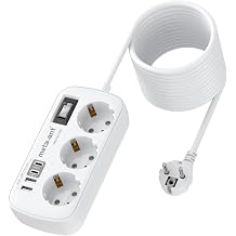 Extension Cable 5 m with USB 3.4 A 17 W Triple Power Strip with Surge Protection 4000 W Socket with 4 USB 2 USB-C Wall Mounted Power Strip for Home Office White