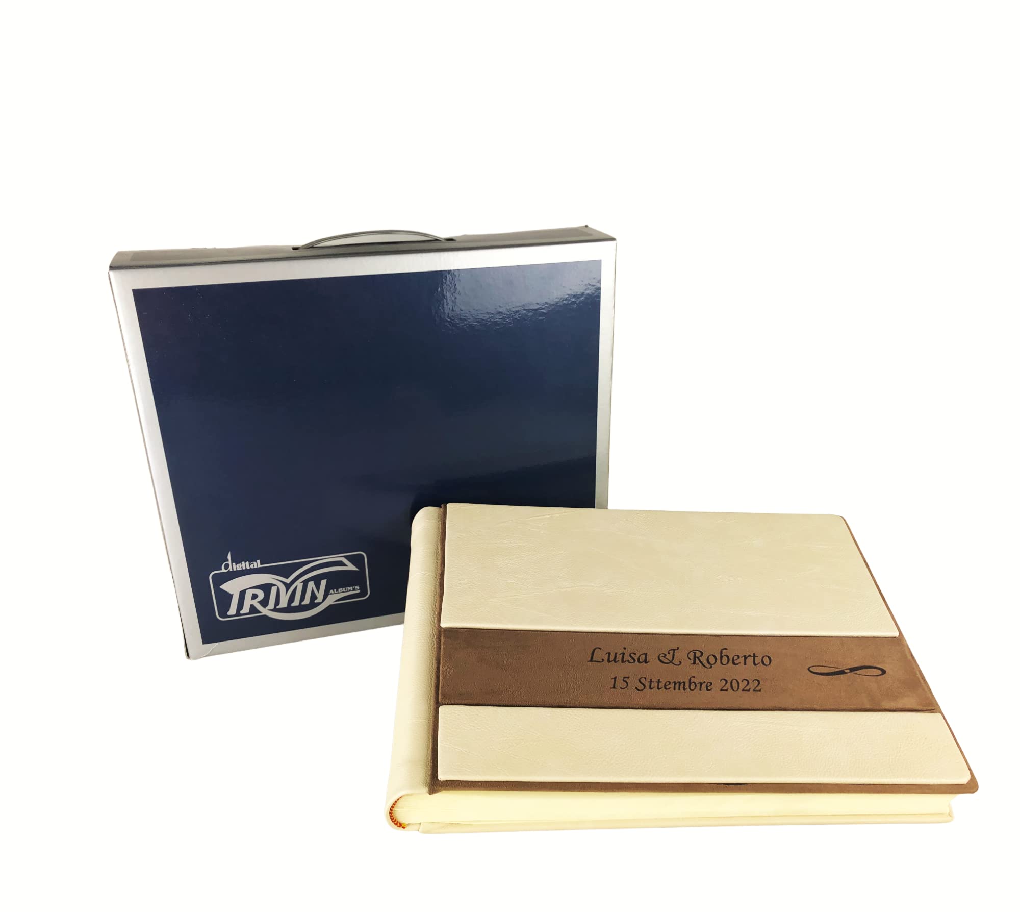 TriVin Art Album Fotografico Artigianale in Alcantara e Similpelle, Personalizzabile con Incisione. Ideale per Qualsiasi Evento. (Beige/Camel)