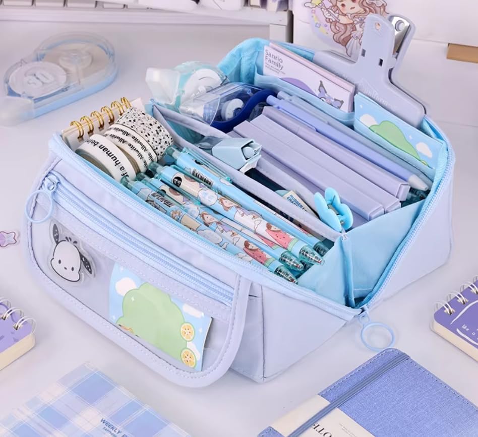 Image of Kawaii Cute Aesthetic Pencil Case for Girls & Boys | 3 Layer 6 Compartment Large Capacity Pencil Pouch with Zipper | Cartoon Stationery Organizer Bag for Students & Kids