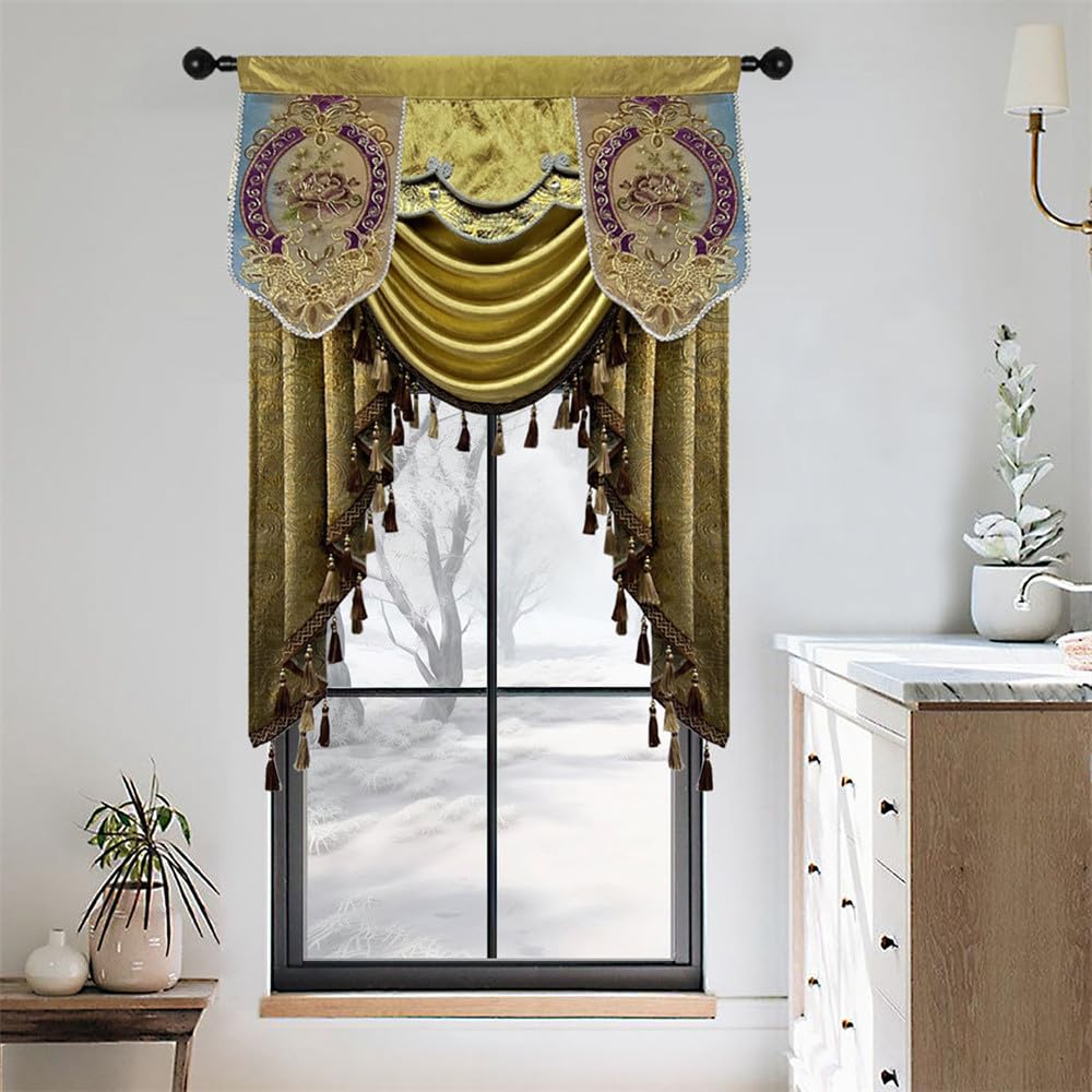 Luxury Floral Valance for Living Room Bedroom Windows European Design Waterfall Swag, Rod Pocket Top (100 cm Wide, 1 Panel)