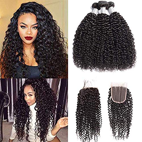 Doris Beauty Brazilian Curly Hair Bundles with Closure Unprocessed 8A Grade Brazilian Virgin Kinky Curly Human Hair Extensions with 4×4 Lace Closure Free Part (16'' 18'' 20"with14" closure)