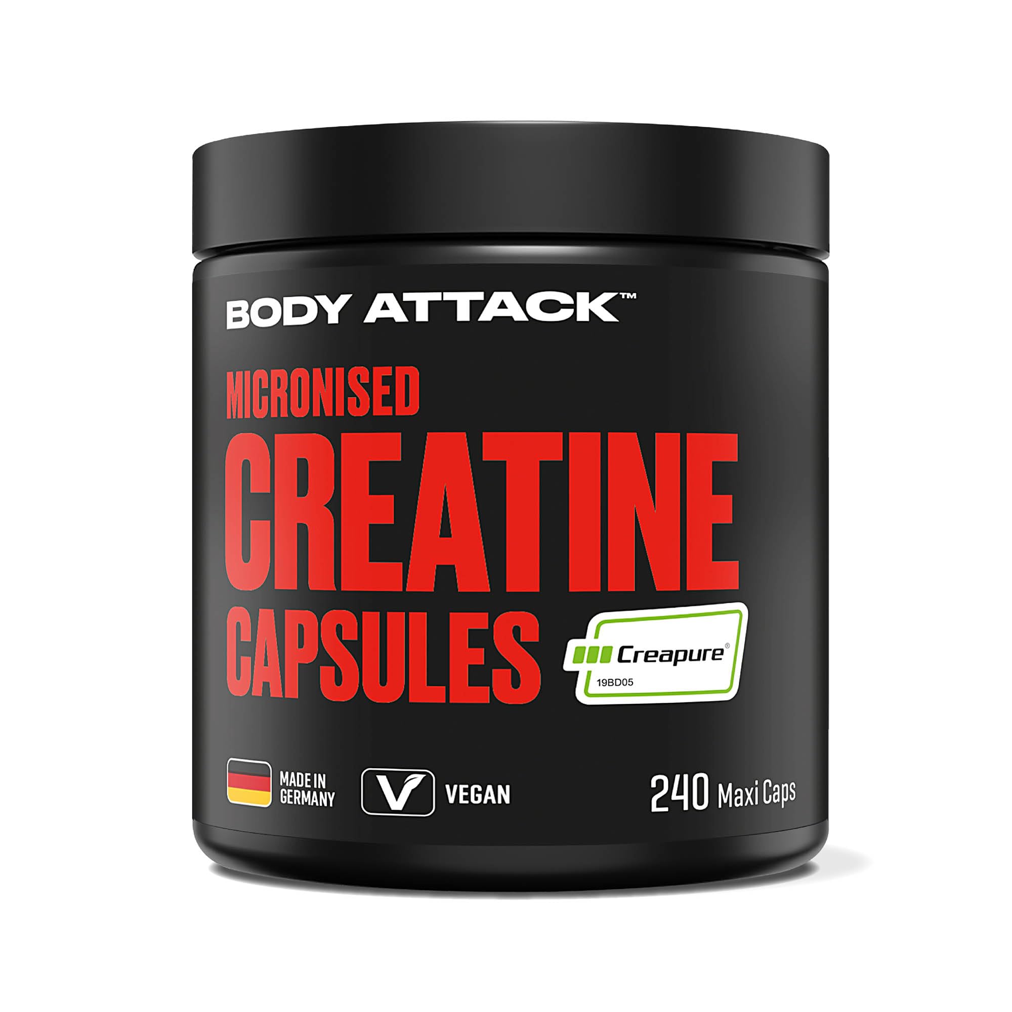 Body Attack Micronised Creatine Kapseln (Creapure®) 240 Caps - hochwertiges Kreatin 100% Made in Germany - hochdosiert für Fitness & Kraftsport, vegan