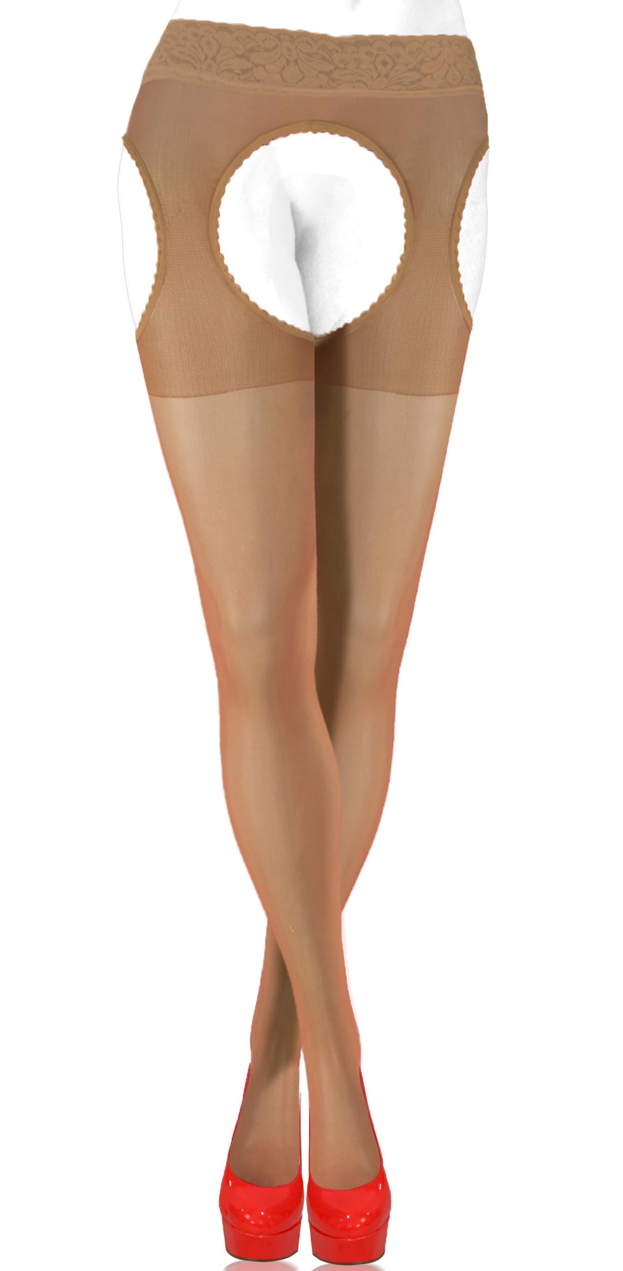 Sesto Senso Women's Dark Beige Sexy Suspender Stockings 15 Den Strip Panty Lace Garter Belt Mock Tights Xl D. Beige